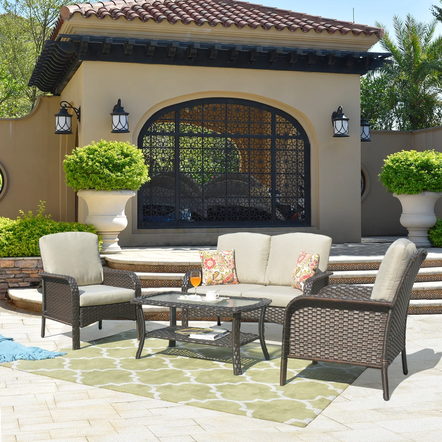 Ovios Patio Furniture Sets 4 Pieces, All Weather Water-Resistant Rattan Wicker Deep Seating Outdoor