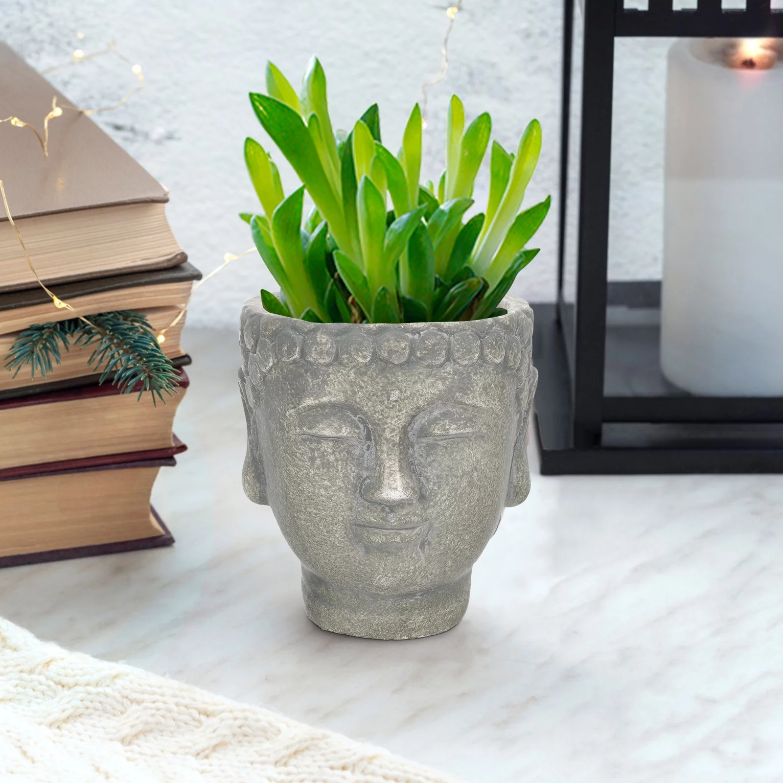 Qumonin Buddha Head Statue Zen Garden Flower Pot Plant Pot - Olive Green