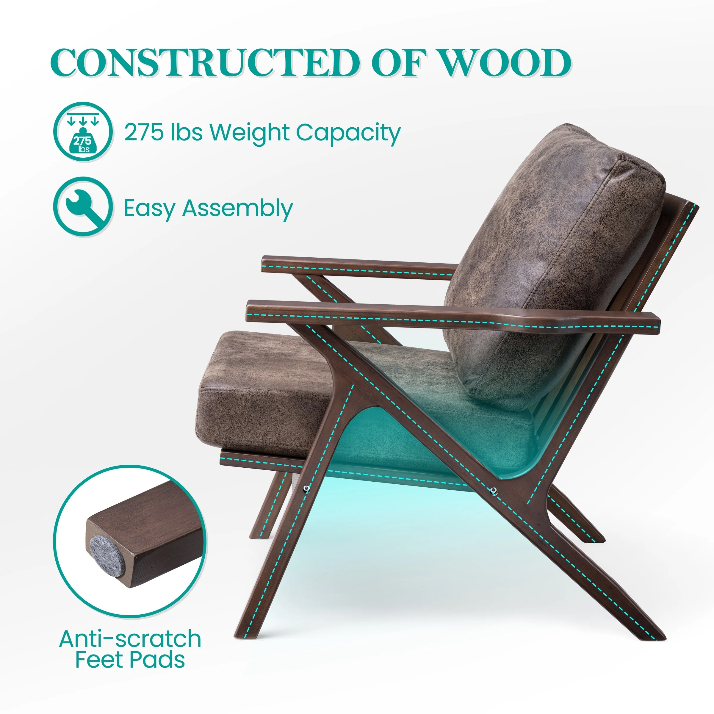 Crestlive Products Retro Accent Chair Rubber Wood Faux Leather Upholstered 1-piece - Brown