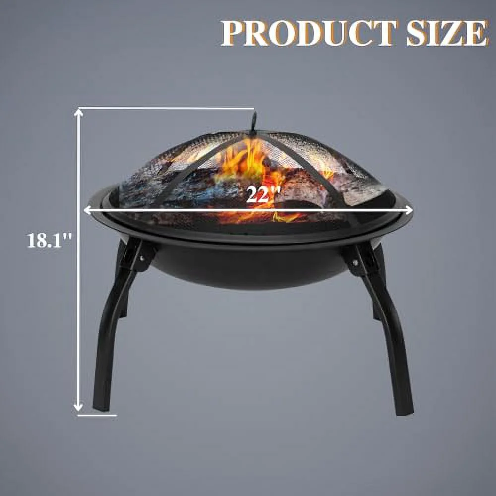 Outvita 22inch Fire Pit, Portable Wood Burning Firepit Lightweight BBQ Grill Firepit Bowl with Log Grate&Poker & Foldable Legs for Outside Barbecue Patio Picnic Party