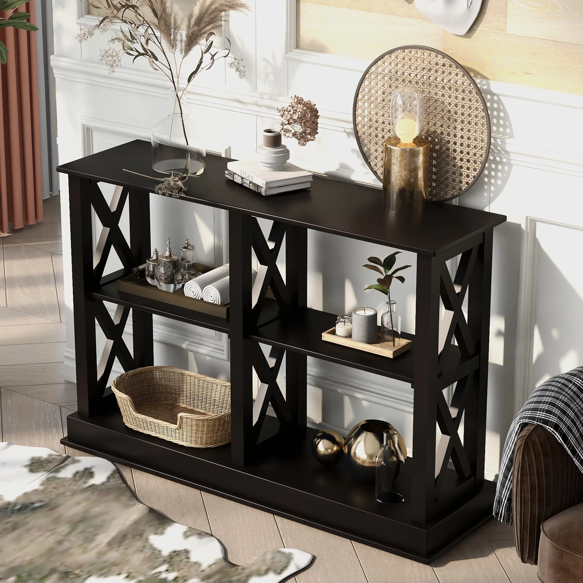 Nestfair  Console Table with 3-Tier Open Storage Spaces Black