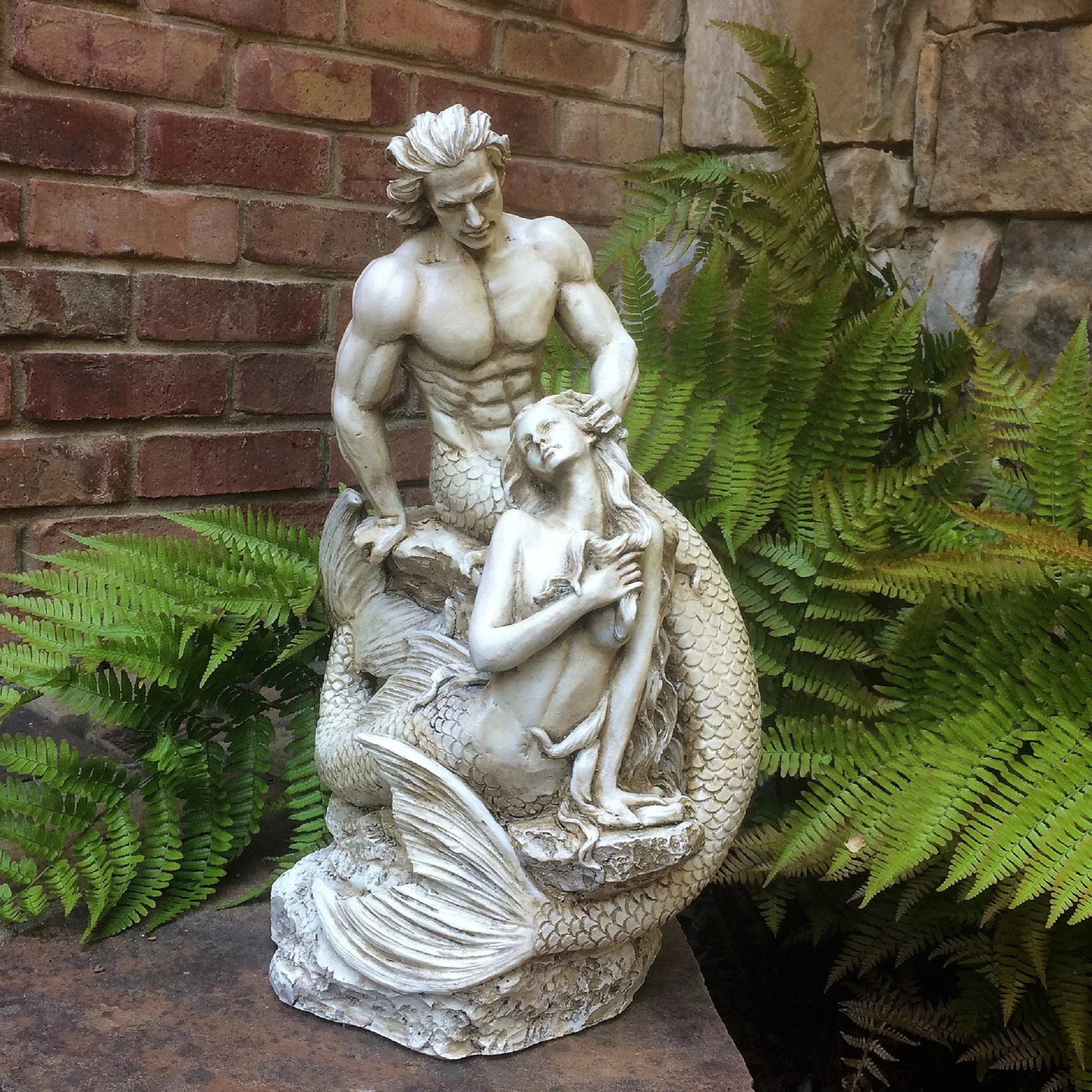 Homestyles 18 in. Sexy Merman & Mermaid on the Oceans Rock in Antique White Finish Nautical Garden Beach Statue