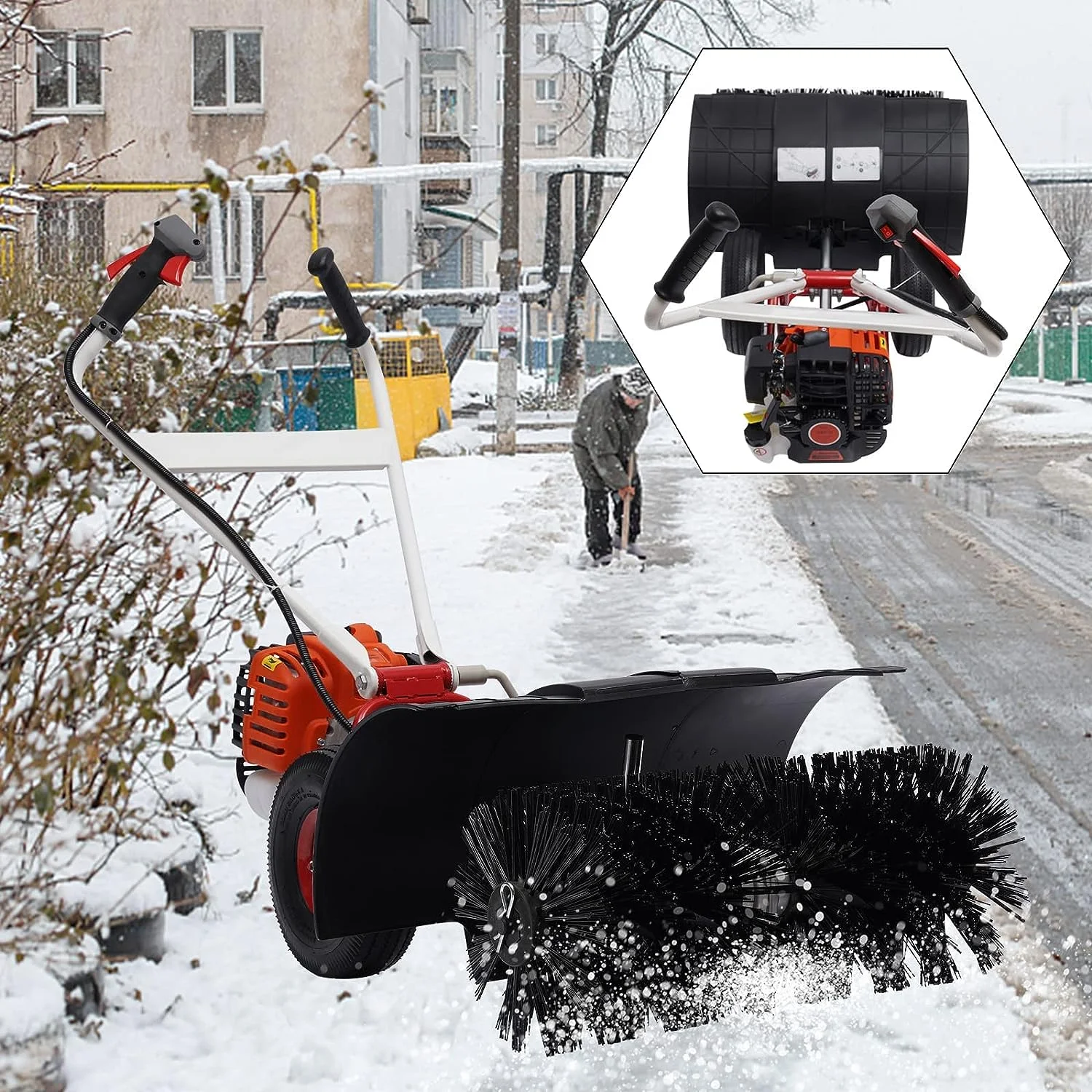 1.82KW/2.5Hp Hand Held Snow Sweeper, 2 Stroke 52CC Hand-Pushed Snow Plow, Single Cylinder Outdoor Hand Held Broom Handheld Sweeper Double Handle with Long Reach Chainsaw