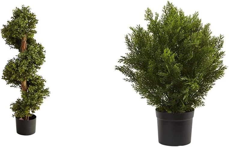 33in. Boxwood Topiary Spiral Artificial Tree and 2ft. Cedar Artificial Bush (Indoor/Outdoor)
