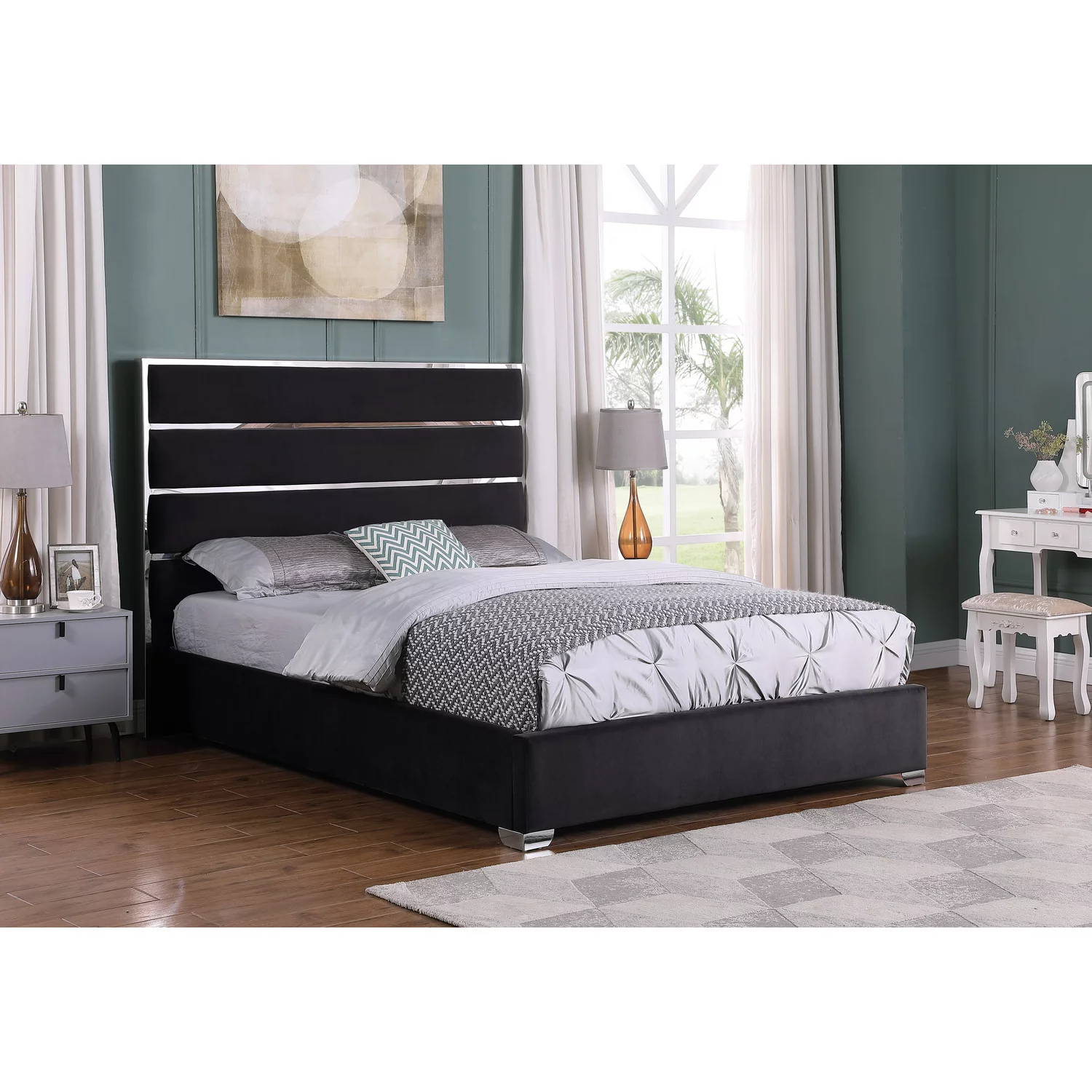 Josephine Velvet Upholstered Cali King Platform Bed in Black