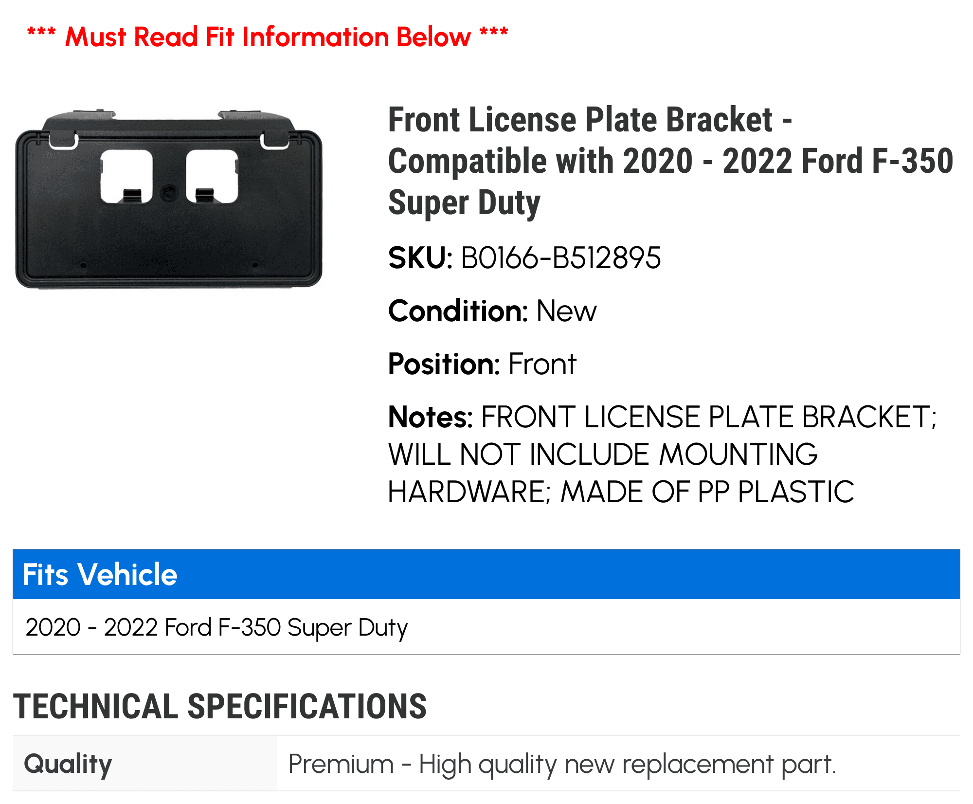 Front License Plate Bracket - Compatible with 2020 - 2022 Ford F-350 Super Duty 2021