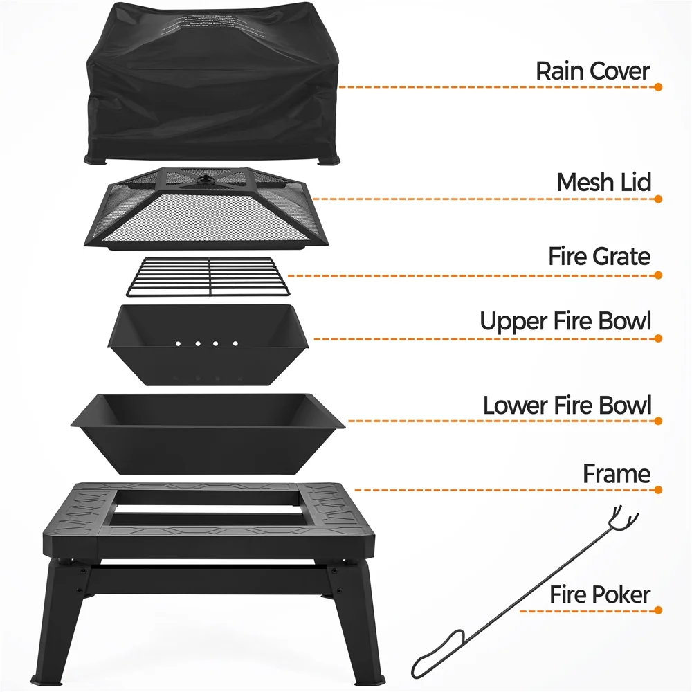 Topeakmart 32″ Patio Square Fire Pit with Rain Cover & Poker, Black