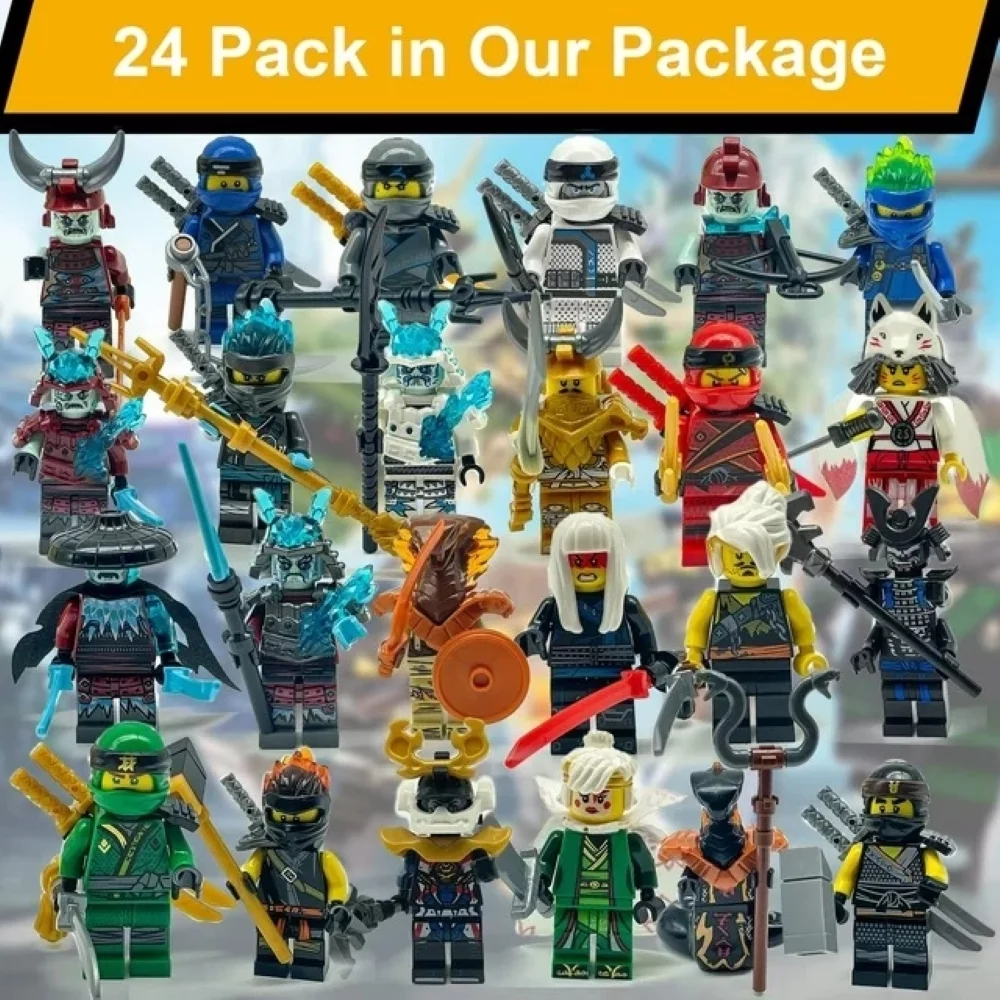24 Pcs Ninjago Minifigures Building Blocks Toys Set, Collectible 1.77 Inchs Anime Ninja Building Kits Awesome Gift for Kids Fans
