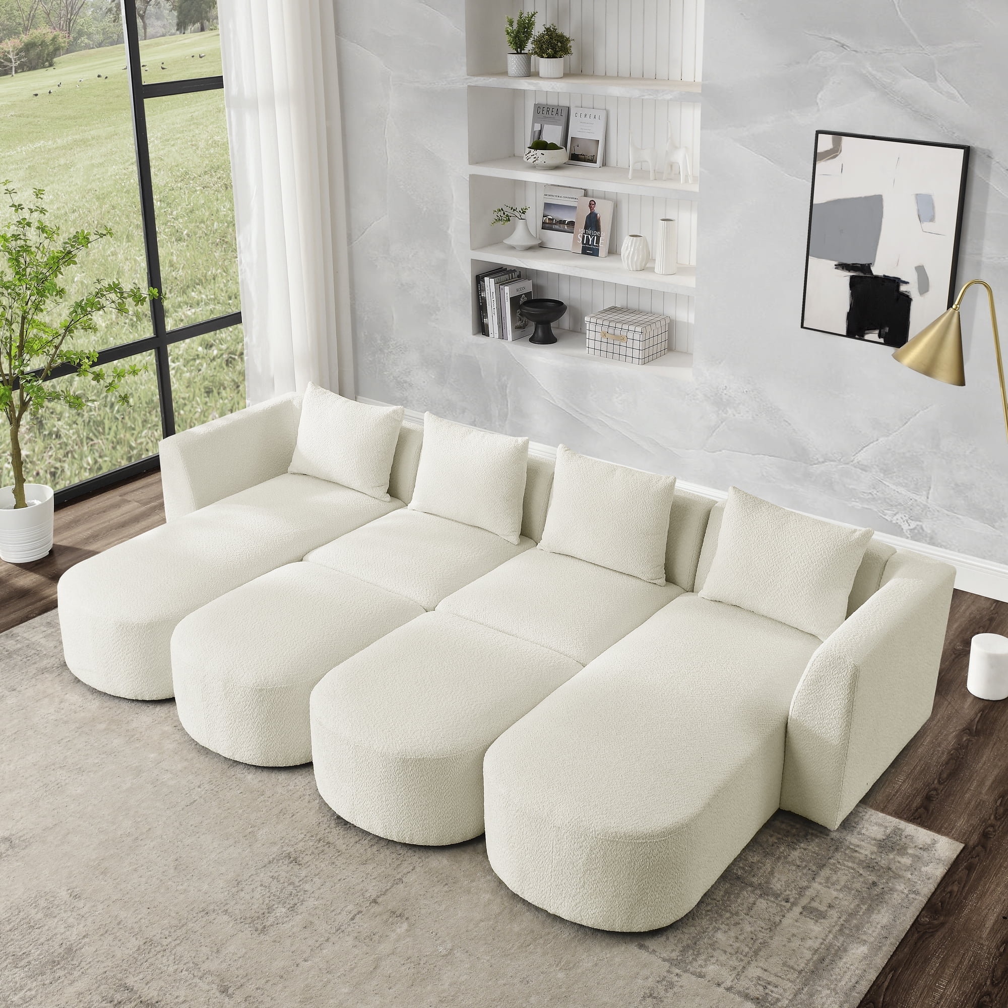 Homiyad U Shape Sectional Sofa Including Two Single Seat, Two Chaises and Two Ottomans, Modular Sofa, Diy Combination, Loop Yarn Fabric, Beige
