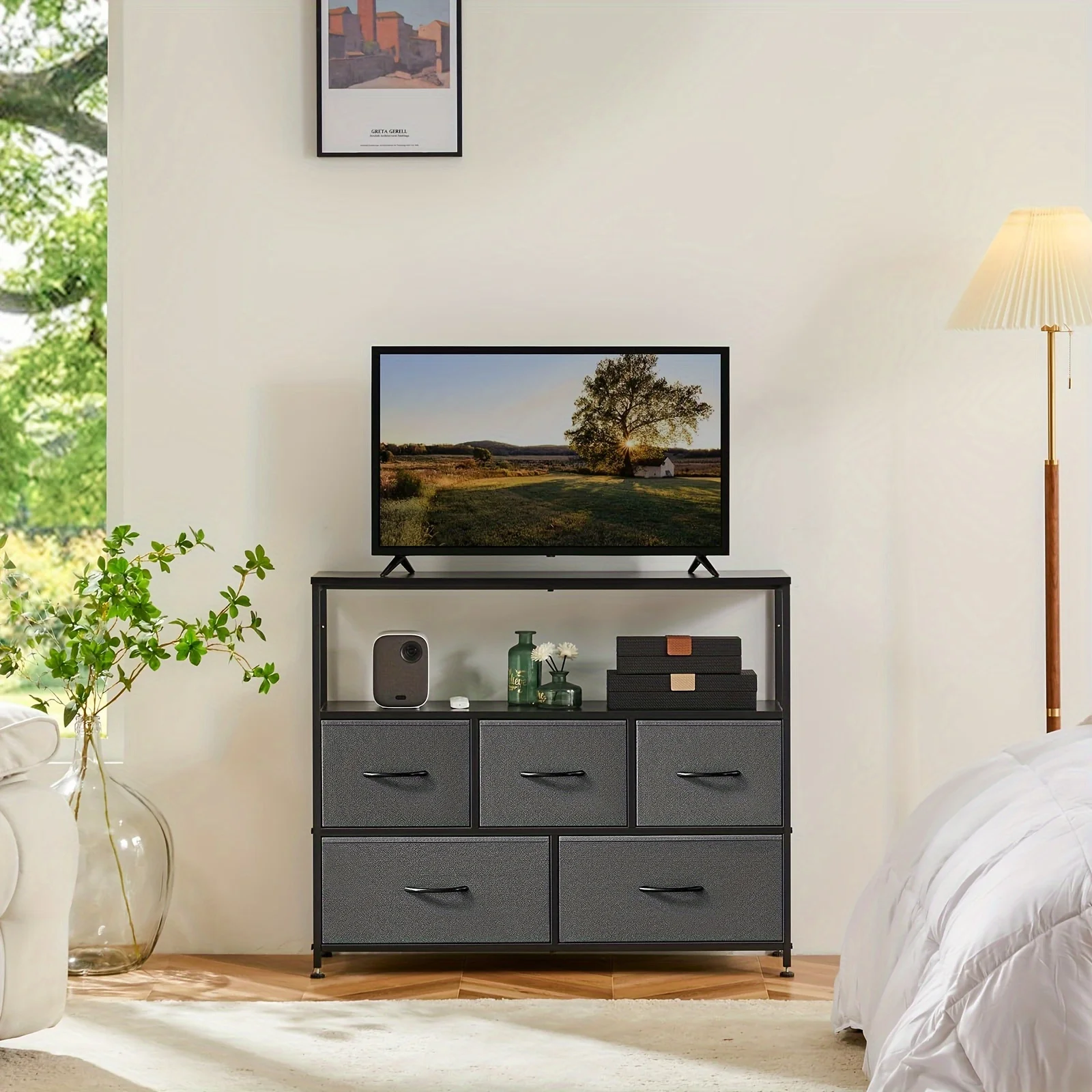 TV Stand Dresser for Bedroom with 5 Fabric Drawer, Entertainment Center for 45 inch Television, Media Console Table with Storage, Open Shelf, Adjustable Feet, Living Room Furniture