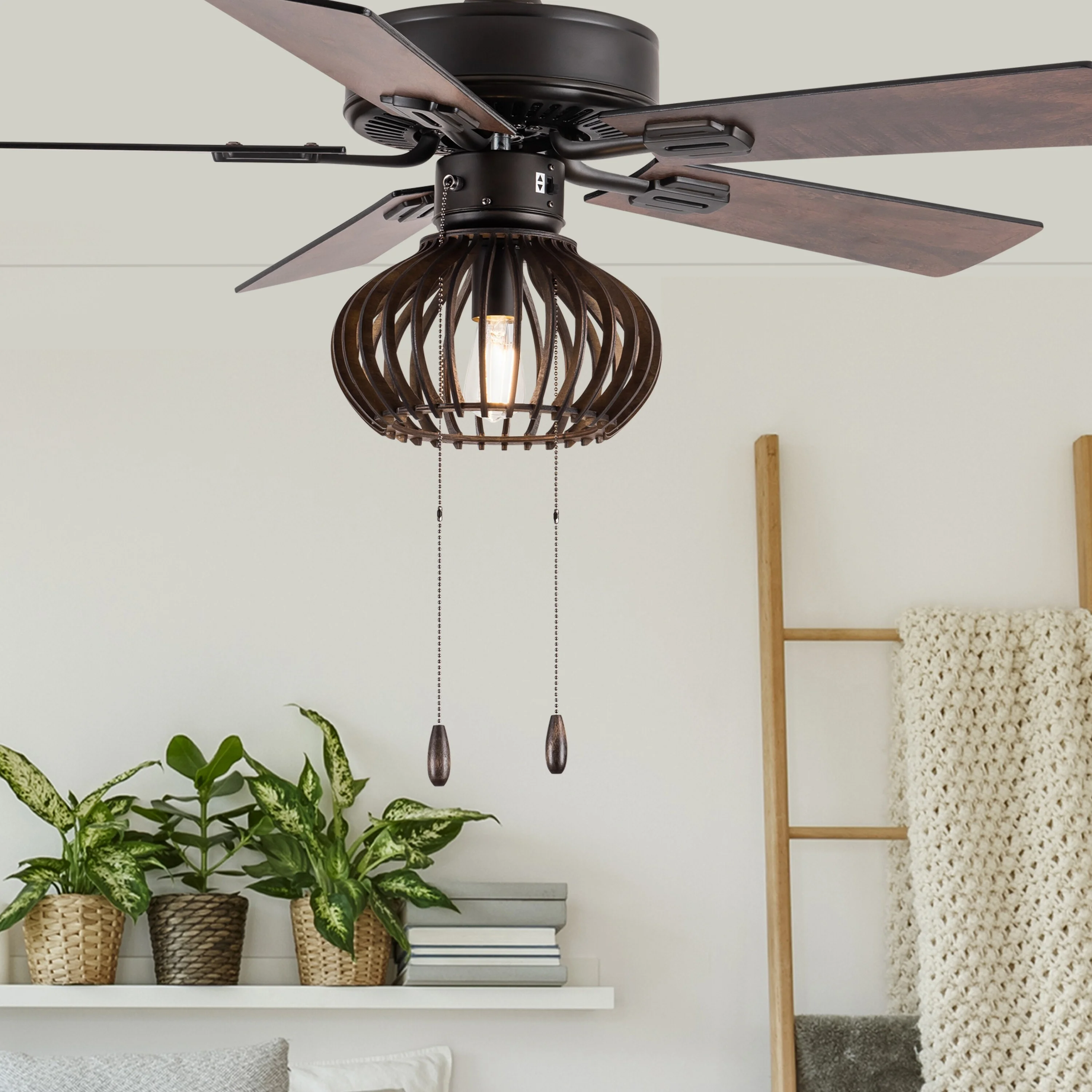 River of Goods Leigh  Brown Oil-Rubbed Bronze and Wood Caged Ceiling Fan with Light - 42