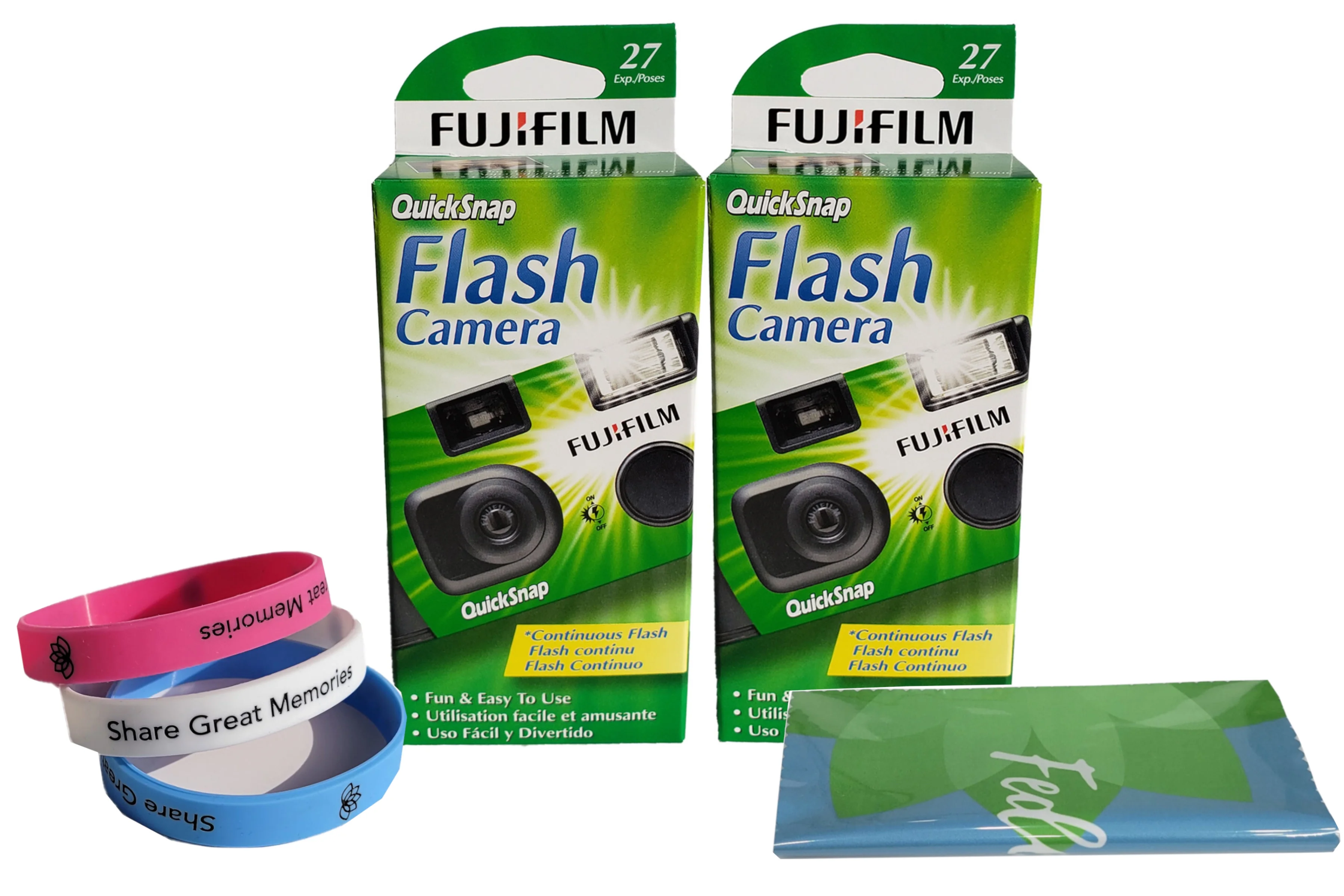 Fujifilm QuickSnap 7033661 Disposable Camera (2 Pack) Plus a Bonus Wrist Band and a Cleaning Cloth