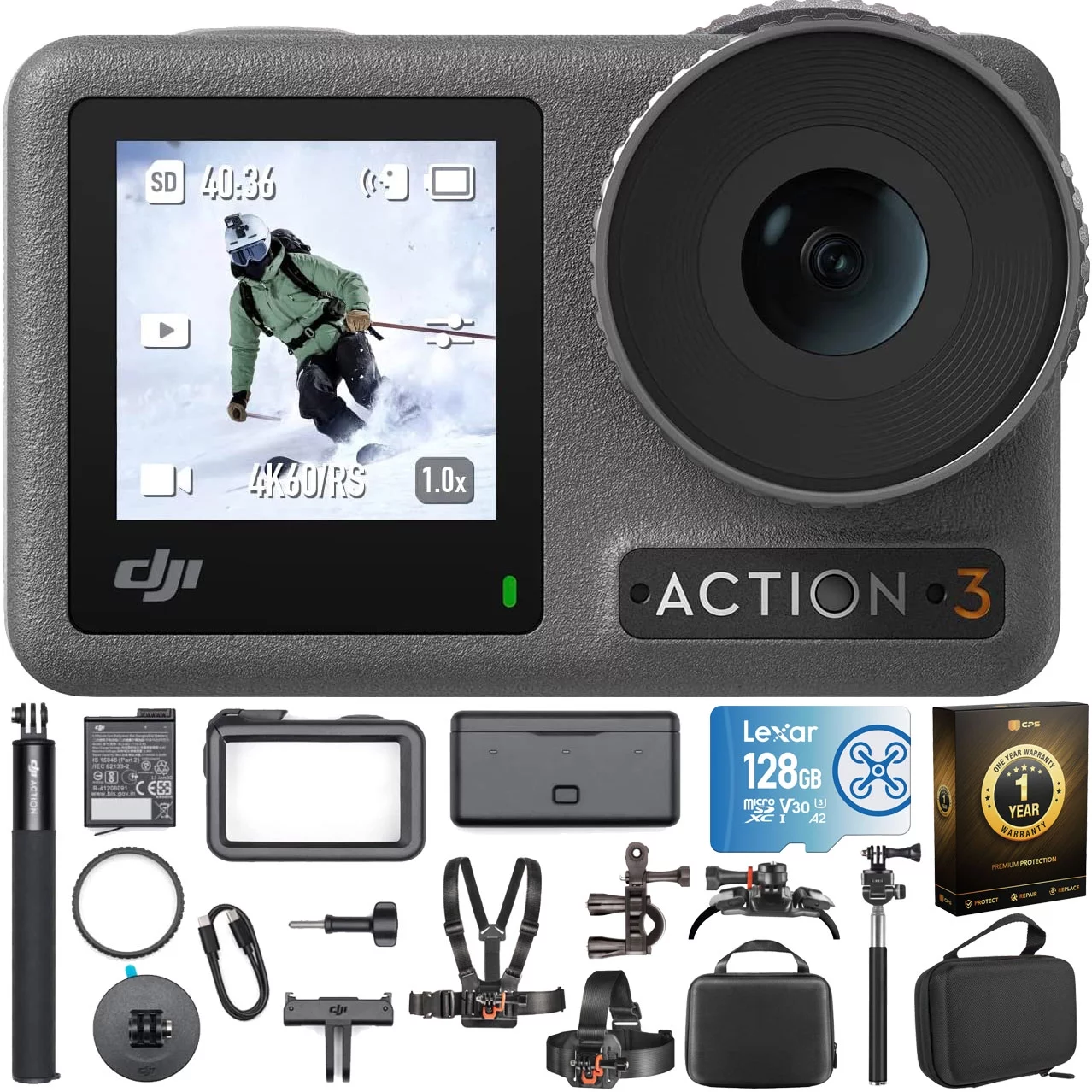 DJI Osmo Action 3 Action Camera (Adventure Combo) with 4K/120fps, Super-Wide FOV, 16m Waterproof Bundle with Extended Warranty, 128GB Memory Card + Deco Gear Outdoor Action Kit + Case Bundle