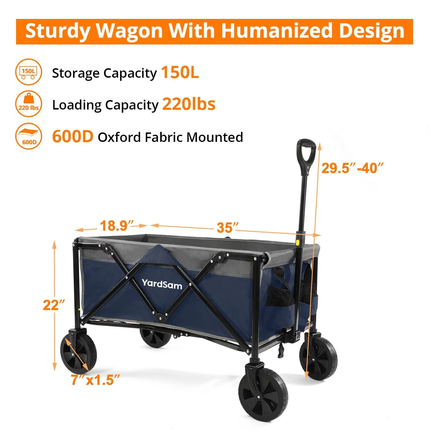 Yardsam Collapsible Folding Wagon Heavy Duty Grocery Wagon Cart with Wheels, 220lb Capacity Outdoor Utility Beach Camping Wagon for Sand, Foldable Garden Wagon with Cargo Net and Straps, Black