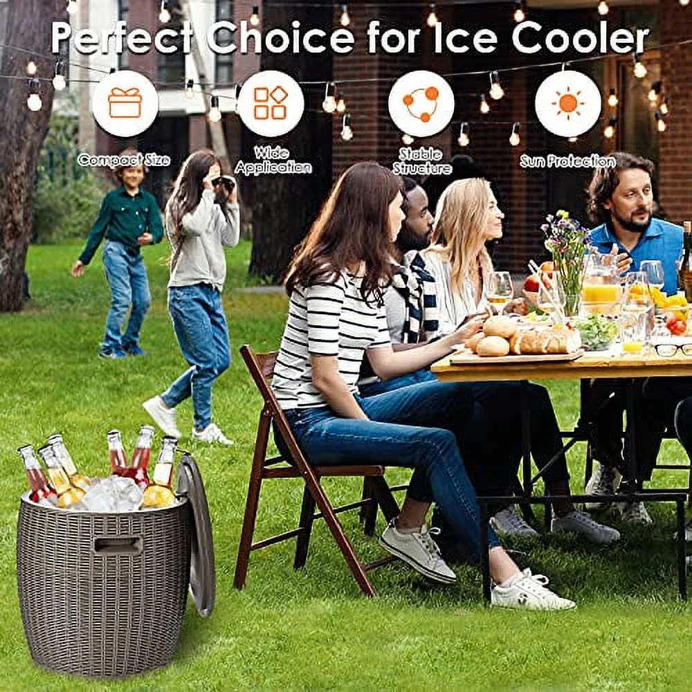 Safstar Outdoor Cooler Table, 9.5 Gallon Ice Cool Table w/Top Lid, Side Handle, Drainage Plug, Weather-Resistant Wicker Rattan Round Ice Bucket for Cocktail Beer Wine in Patio Party Pool