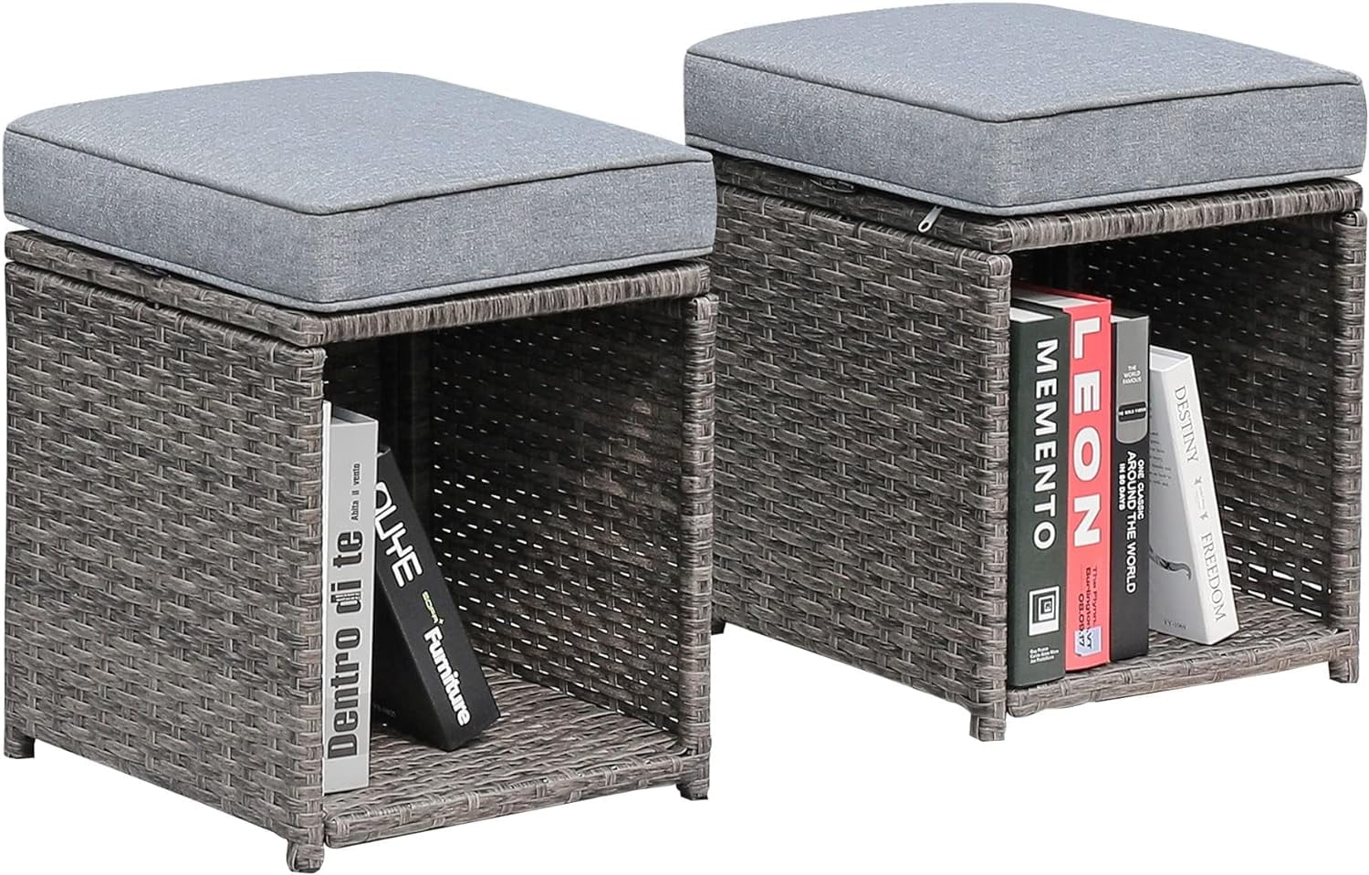 U-SHARE 2-Piece Outdoor Patio Ottoman, Rattan Wicker Ottoman Set of 2, Outdoor All Weather Footstool Footrest Seat w/Thick Cushion Storage Space, Grey