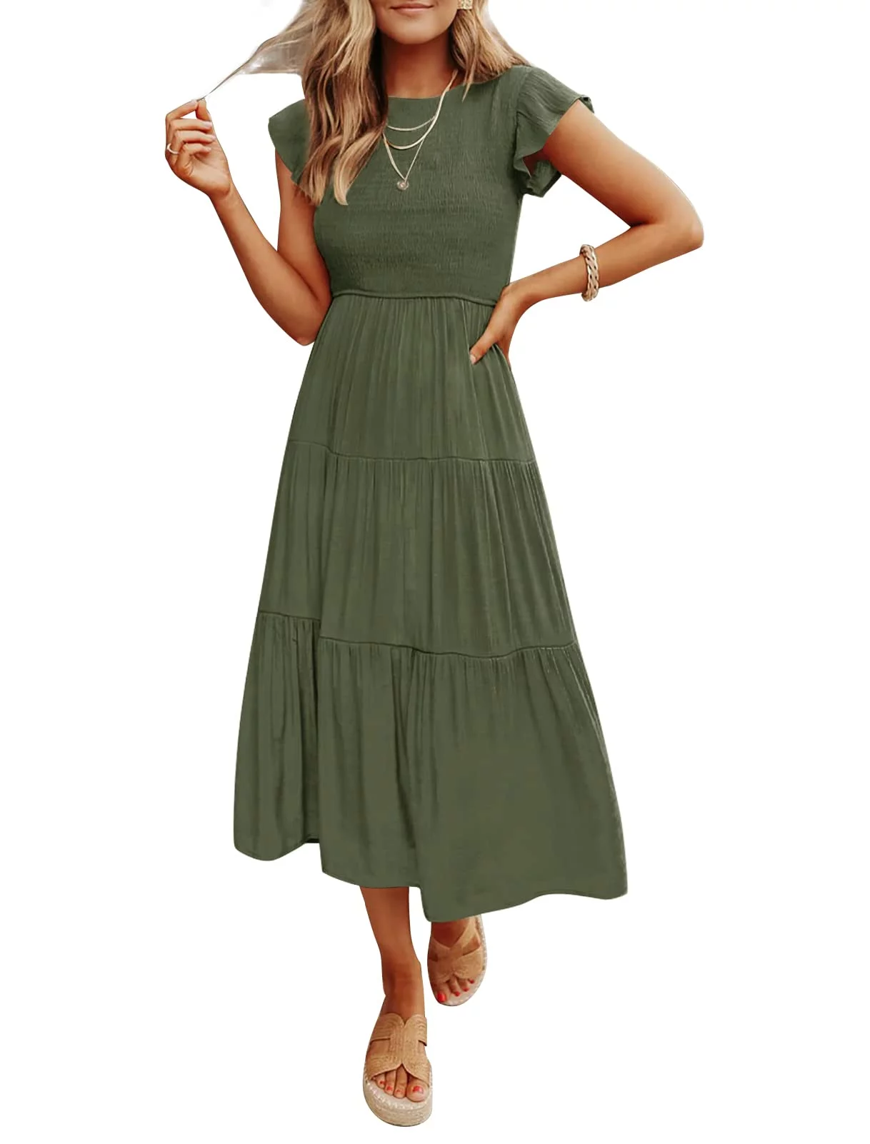 Fantaslook Summer Dresses for Women Casual Flutter Short Sleeve Smocked Elastic Waist Tiered Midi Dress