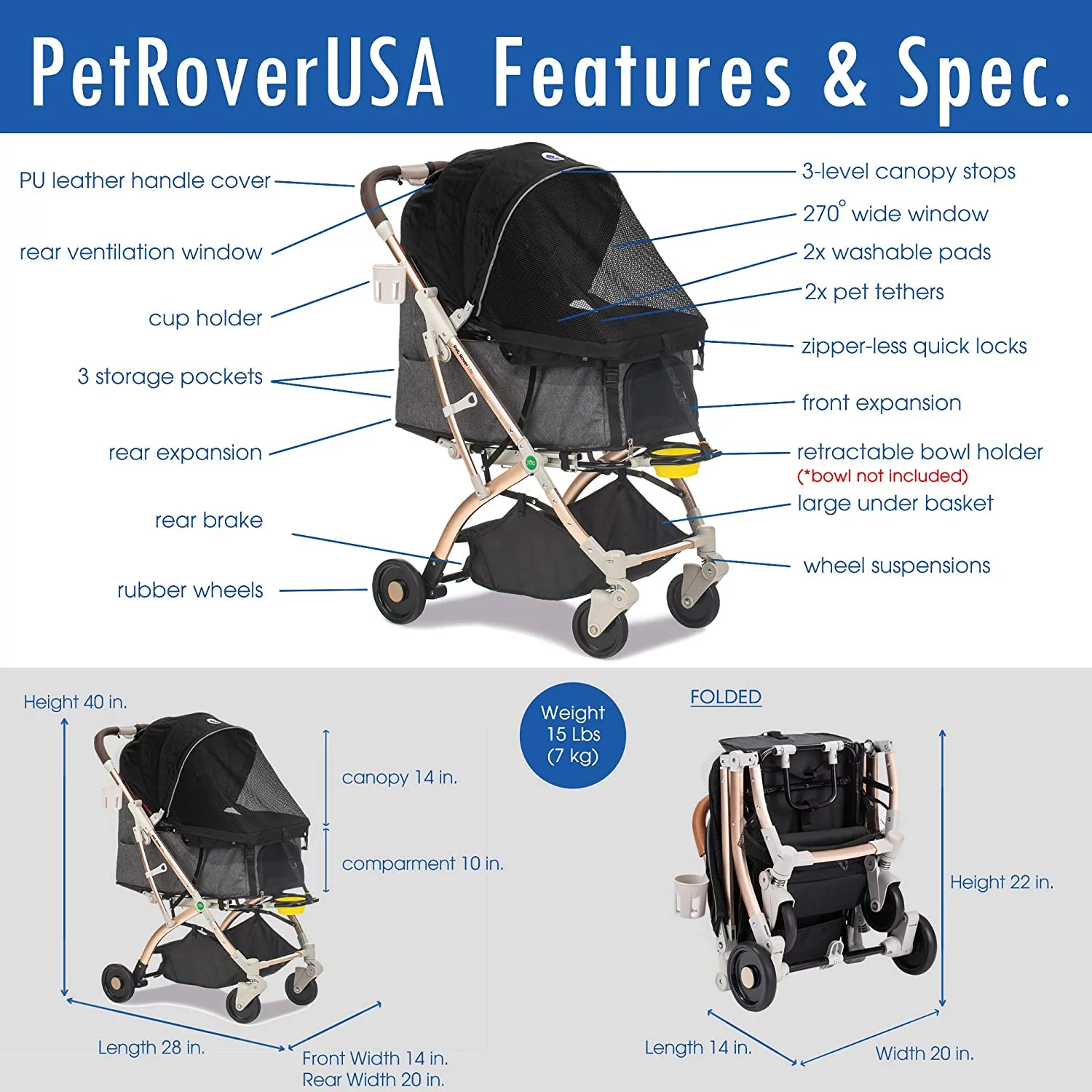 HPZ 2nd Generation Pet Rover Lite Travel Dog & Cat Stroller, Black