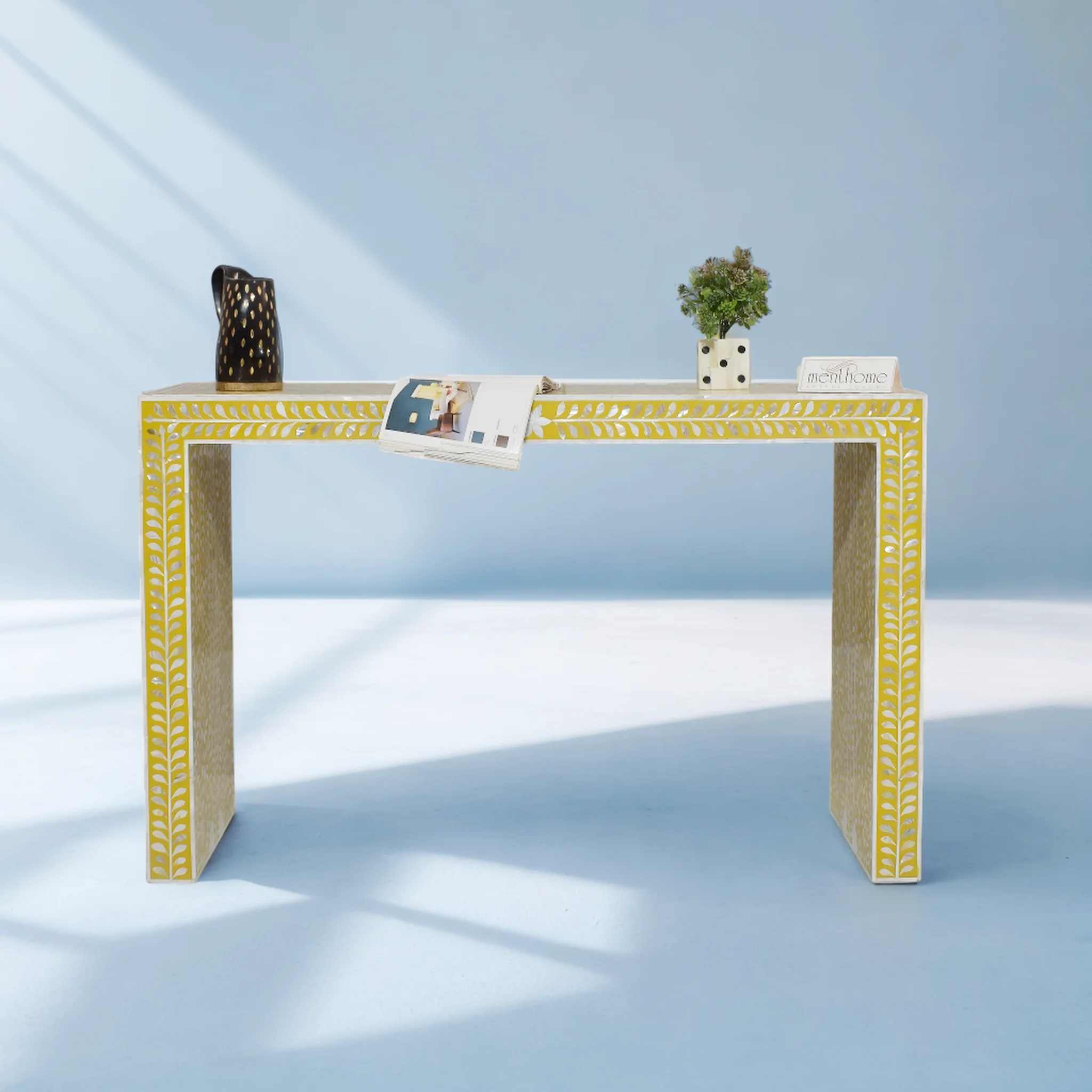 Yellow Console Table adorned in a leaf pattern of exquisite Mother of Pearl work