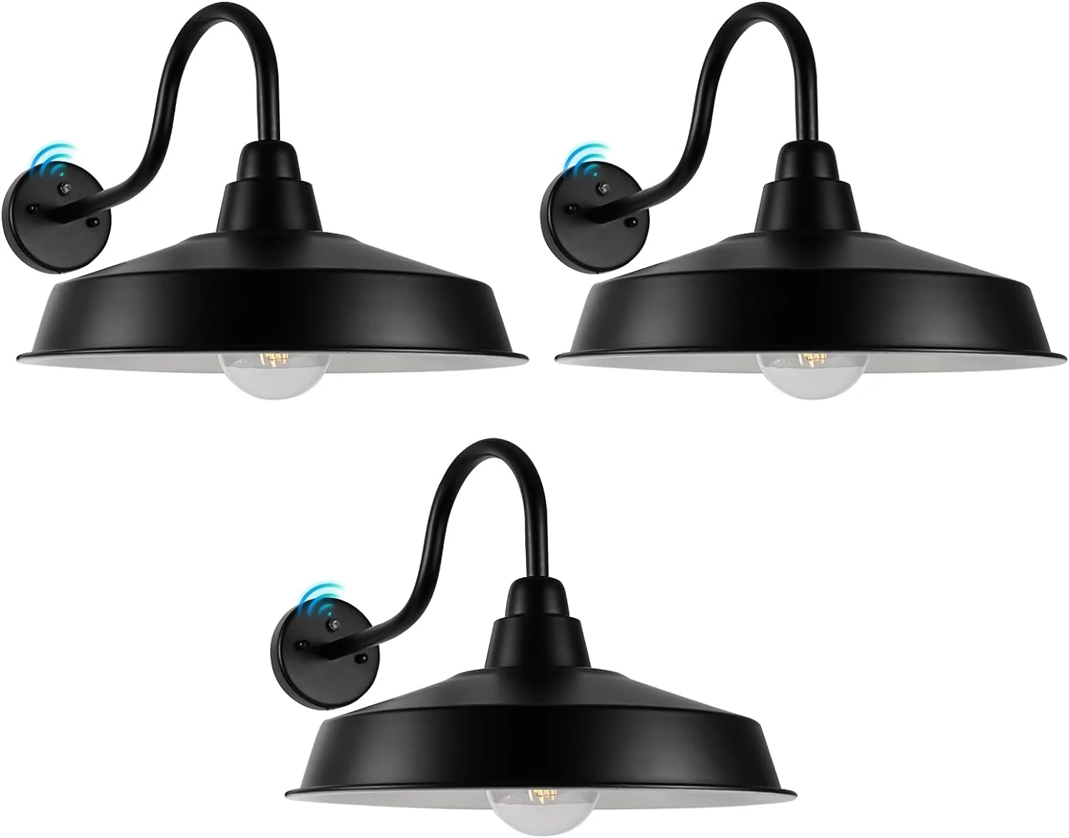 Dusk to Dawn Gooseneck Barn Light Outdoor, 16 Inch Dome Large Farmhouse Exterior Light Fixture Wall Mount, Industrial Outdoor Wall Sconce Outside for House, Shop, Porch, Garage, DDRZ020 BK-3PACK