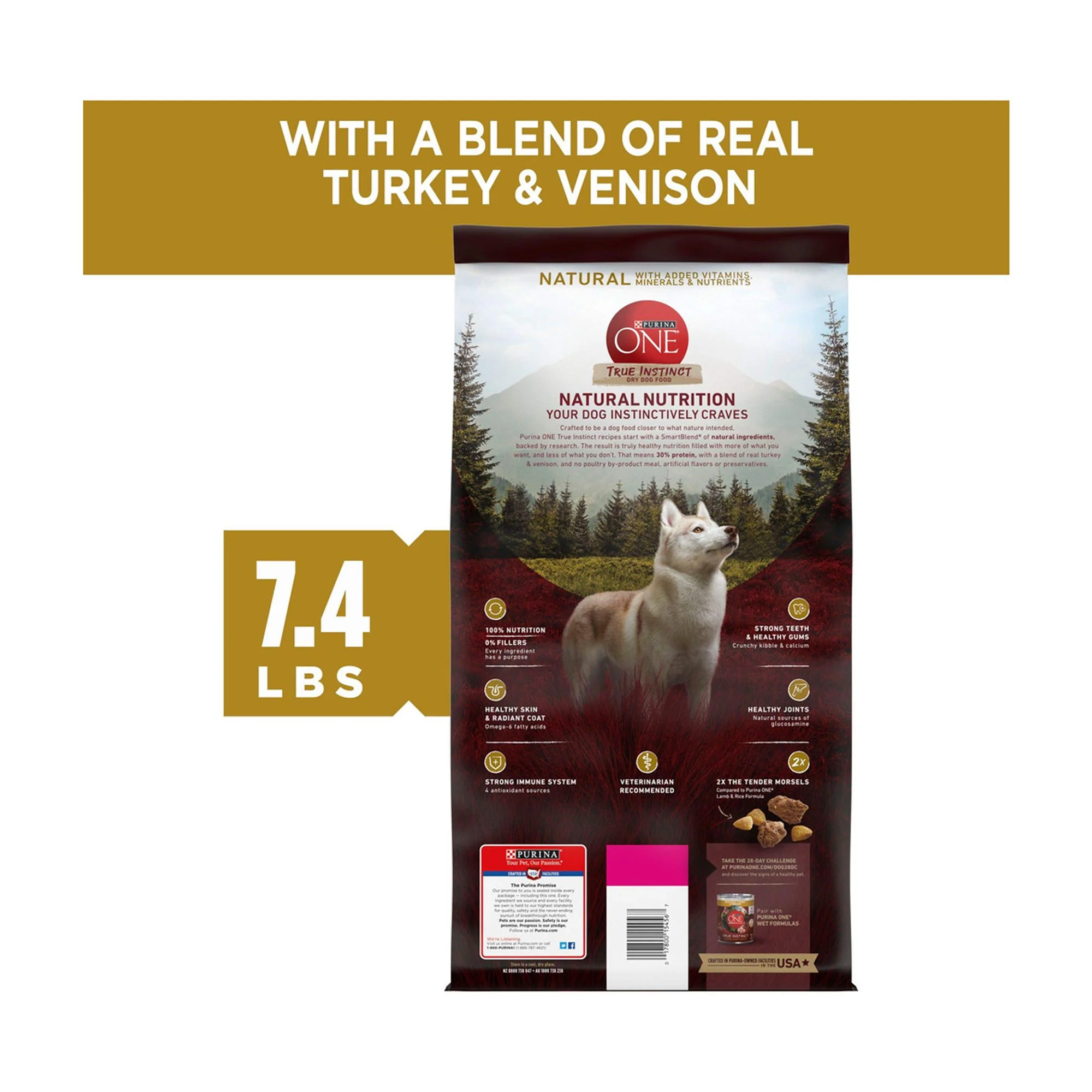 Purina ONE True Instinct With A Blend Of Real Turkey and Venison Dry Dog Food - 7.4 lb. Bag (Pack of 32)