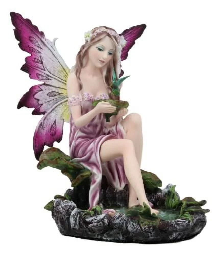 Mysterious Water Lagoon Purple Fairy With Hummingbird Statue 9
