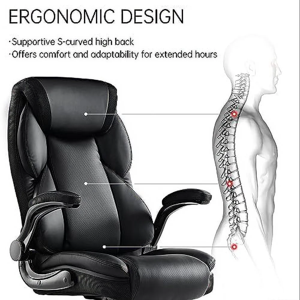 GEROBOOM ERGONOMIC Executive Office Chair Flip Up Arm   Leather Desk Chair Ergonomic Computer Chair  High Back Office Chair with Headrest  Home Office Desk Chairs with Wheels  Black