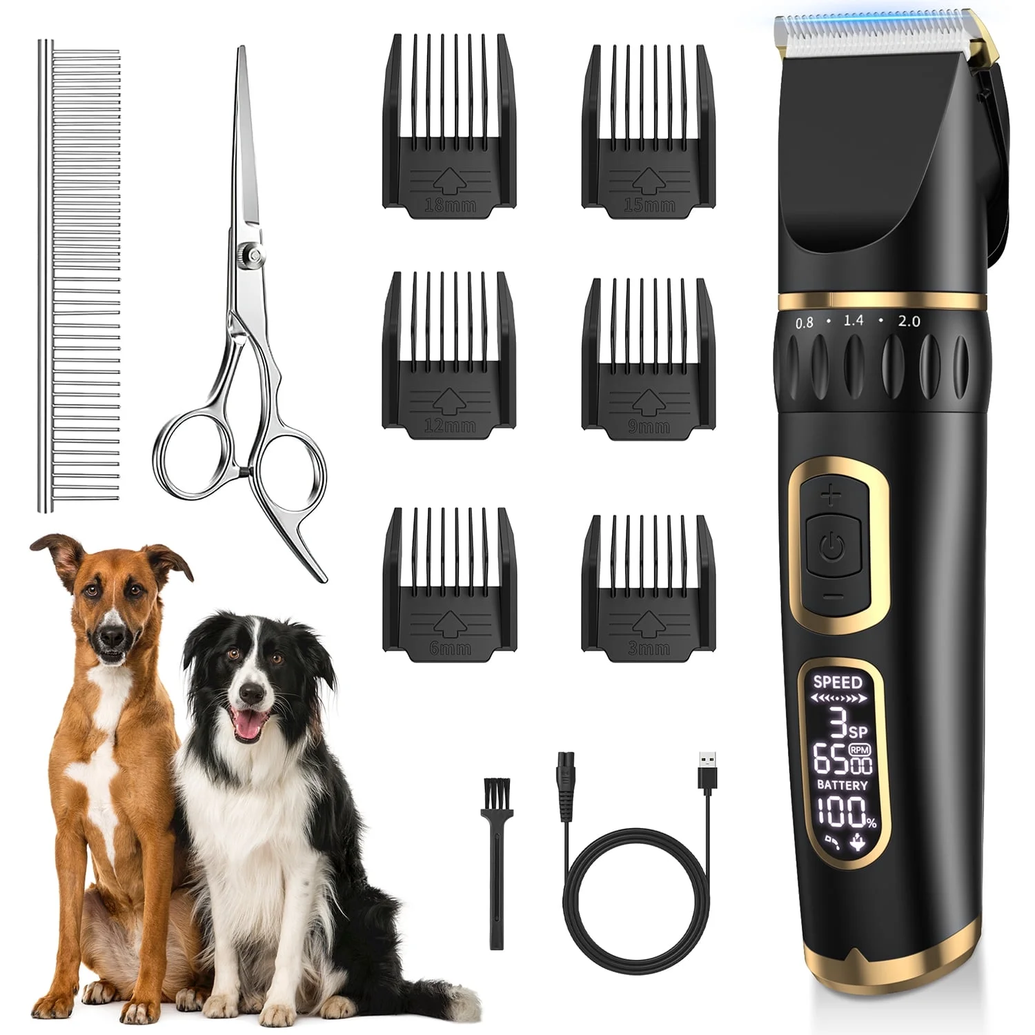 Dog Clippers Grooming Kit, Rechargeable Cordless Pet Hair Clipper Trimmer Shaver, 3-Speed Low Noise Electric Pets Tools with LCD Display, Scissor, 6 Comb Guides for Thick Coats Dogs Cats Animals