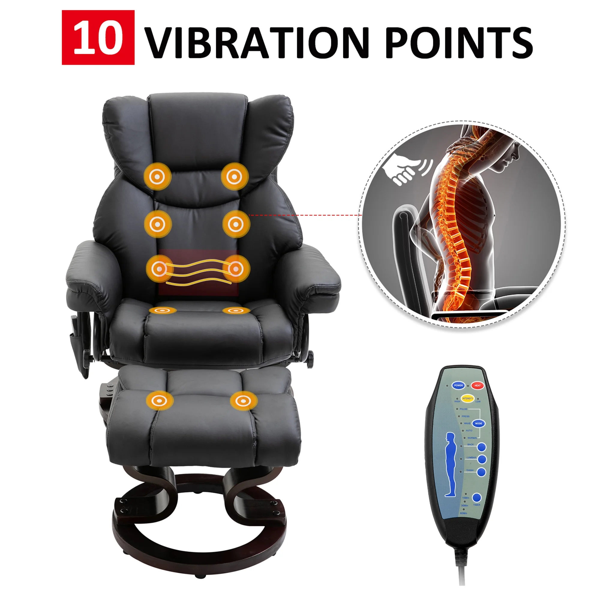 Massage Recliner Chair with Footrest, 10 Vibration Levels, Faux Leather, Black