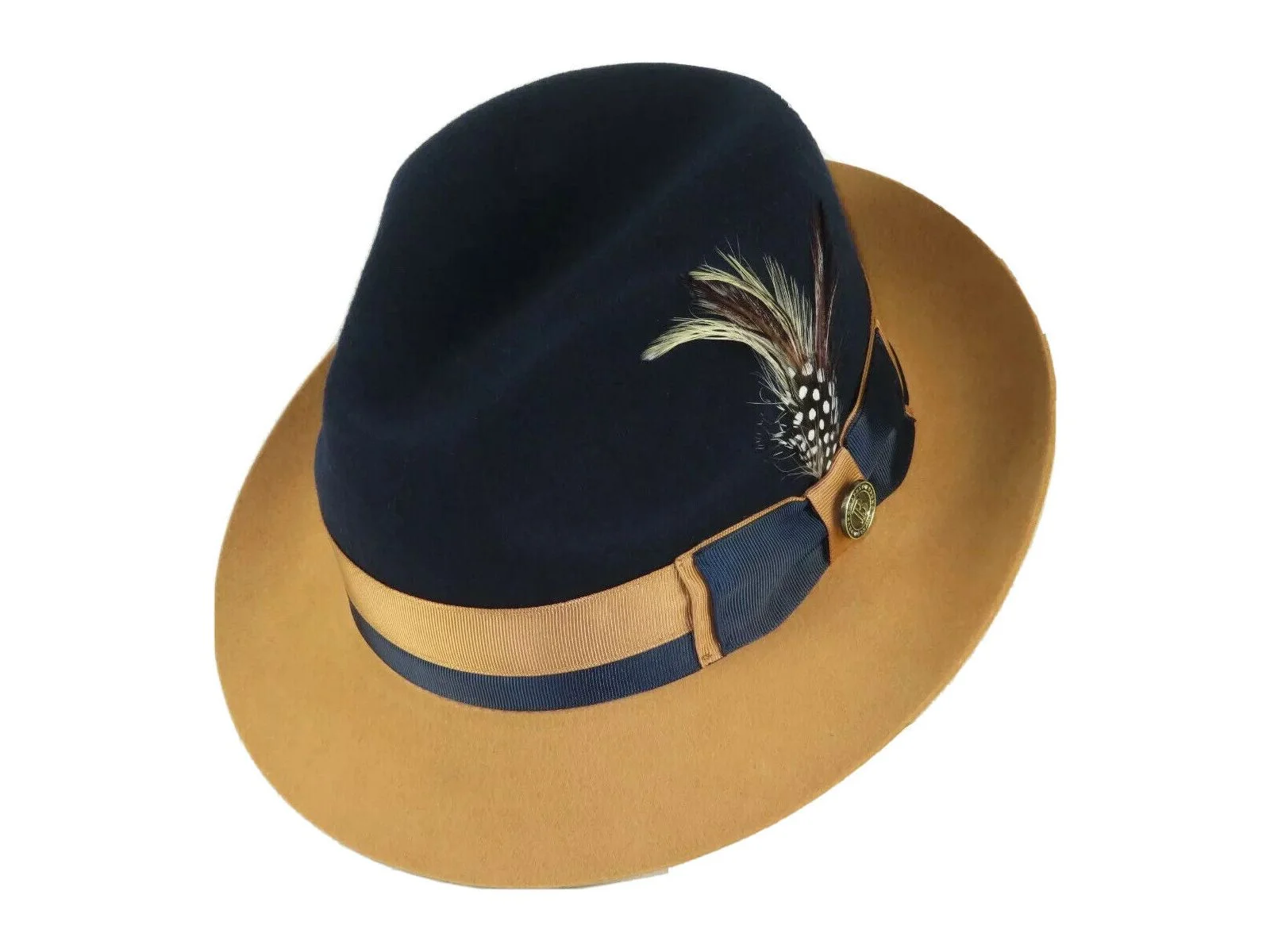Mens Bruno Capelo Dress Hat Australian Wool Pinch Front Fedora CA346 Navy Camel