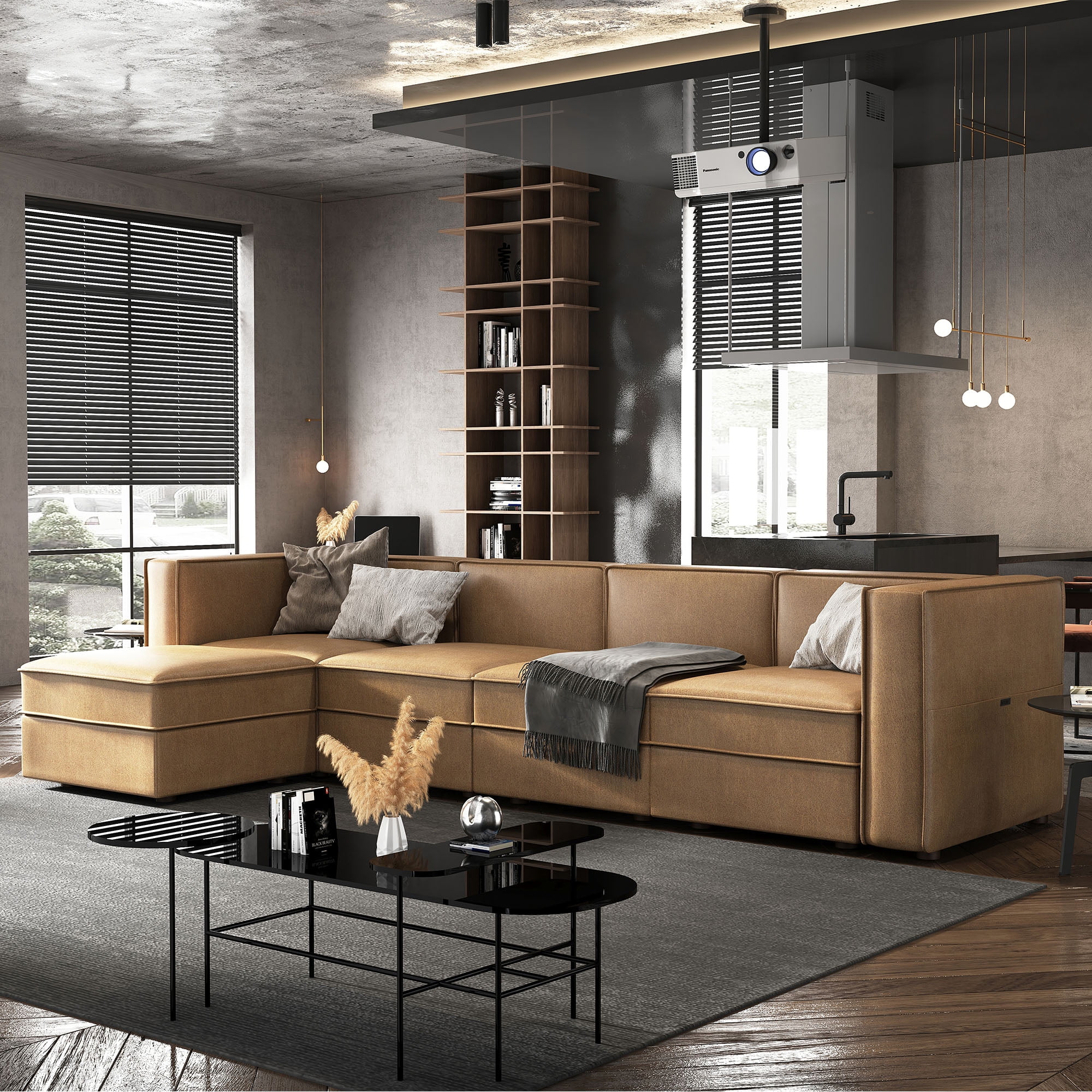 Nolany Reversible Sectional Sofa Couch L Shaped Sofa Modular 4-Seat Couch with Chaise, Caramel Microfiber