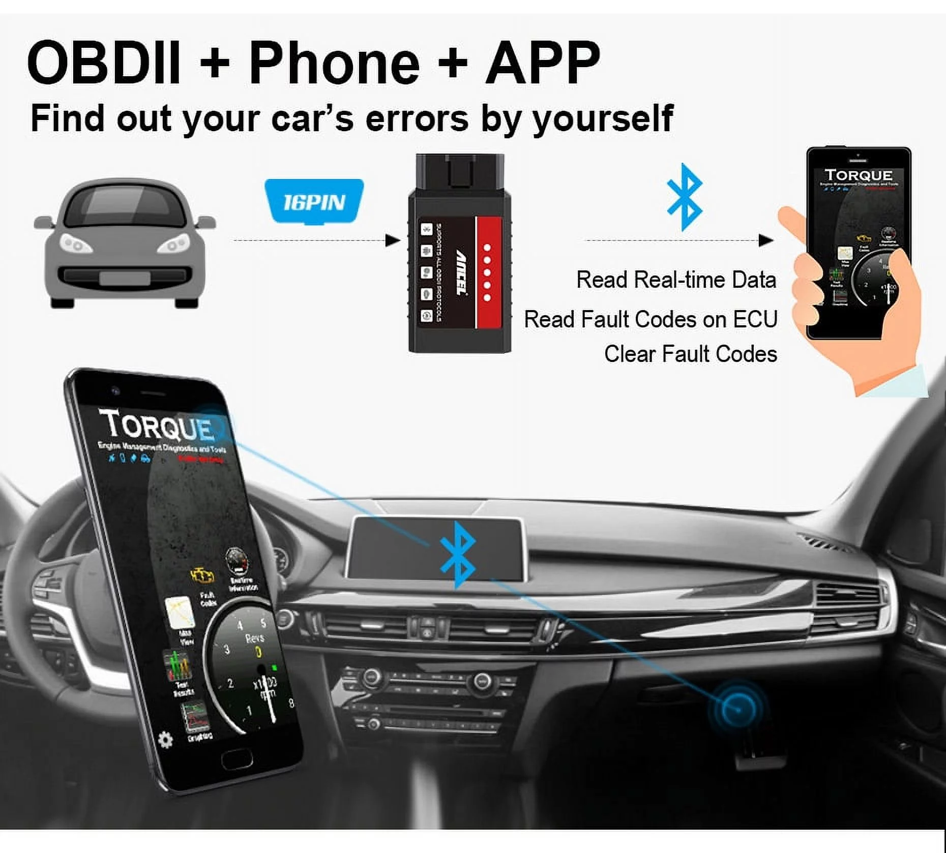 ANCEL  ELM327 V1.5 Wireless Code Reader Bluetooth OBD Scanner EOBD OBD2 Scanner Read Clear Trouble Codes Check Engine Light OBDII Car Scanner Automotive Diagnostic Scan Tool Auto Adapter