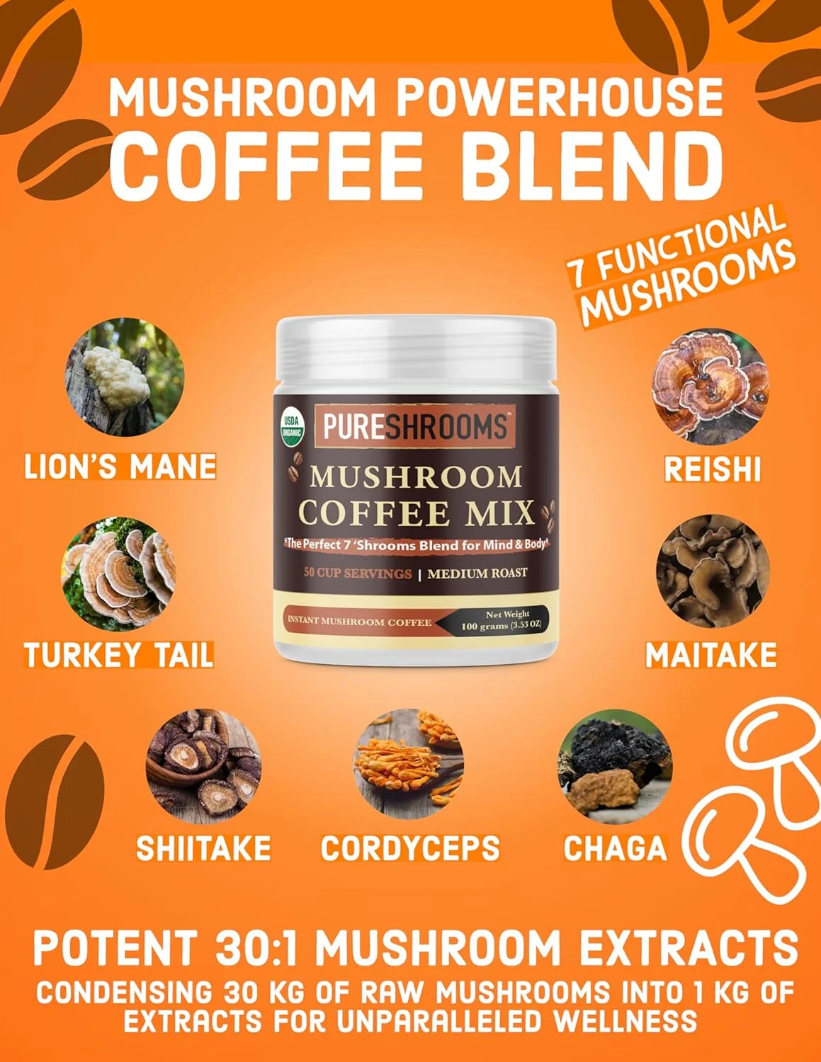 Perfect 7 Mushroom Coffee with Ultra Concentrated 30:1 Extracts - Organic Turkey Tail, Lion's Mane, Cordyceps, Reishi, Shiitake, Maitake, Chaga. Coffee Alternative (50 Servings - 100g/3.53oz)