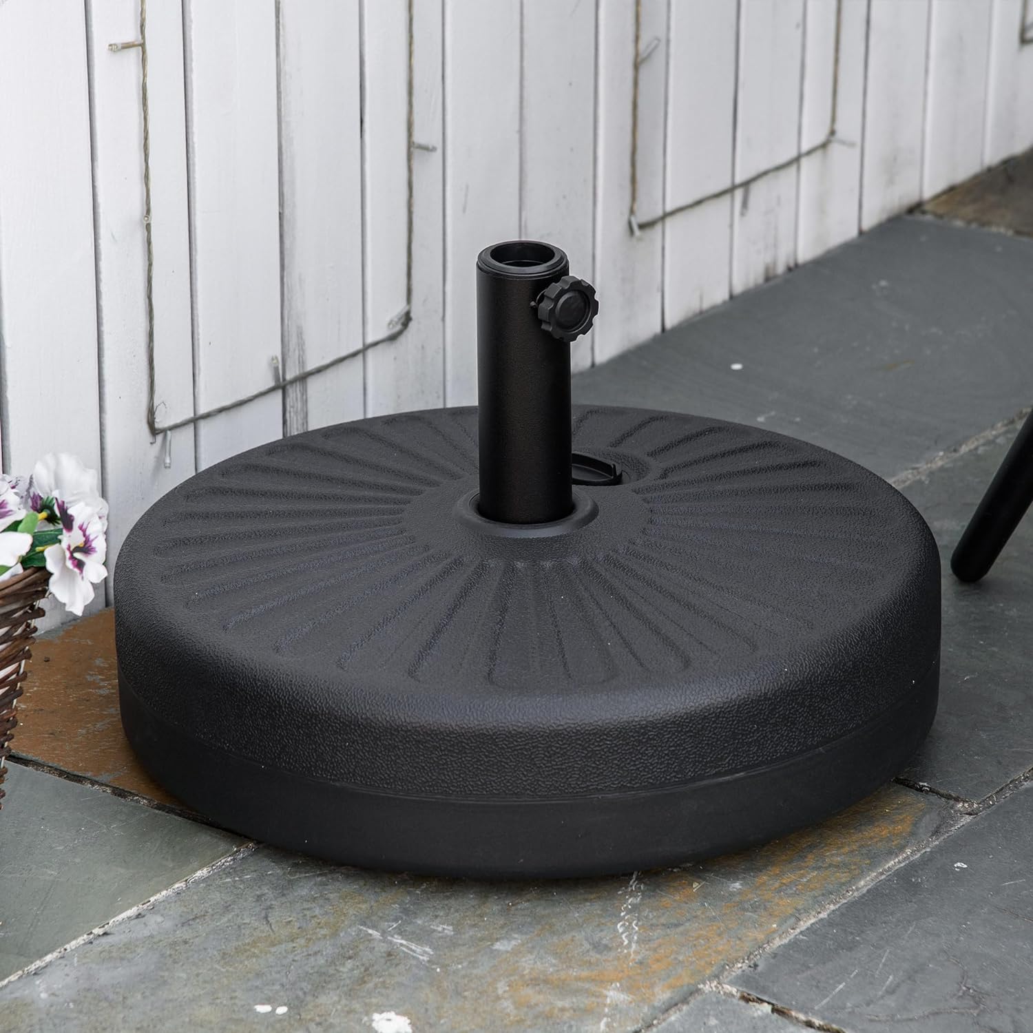 Outsunny Round Plastic Umbrella Holder, Fillable Patio Umbrella Base Stand for Outdoor, 46lb Water or 57lb Sand, Black