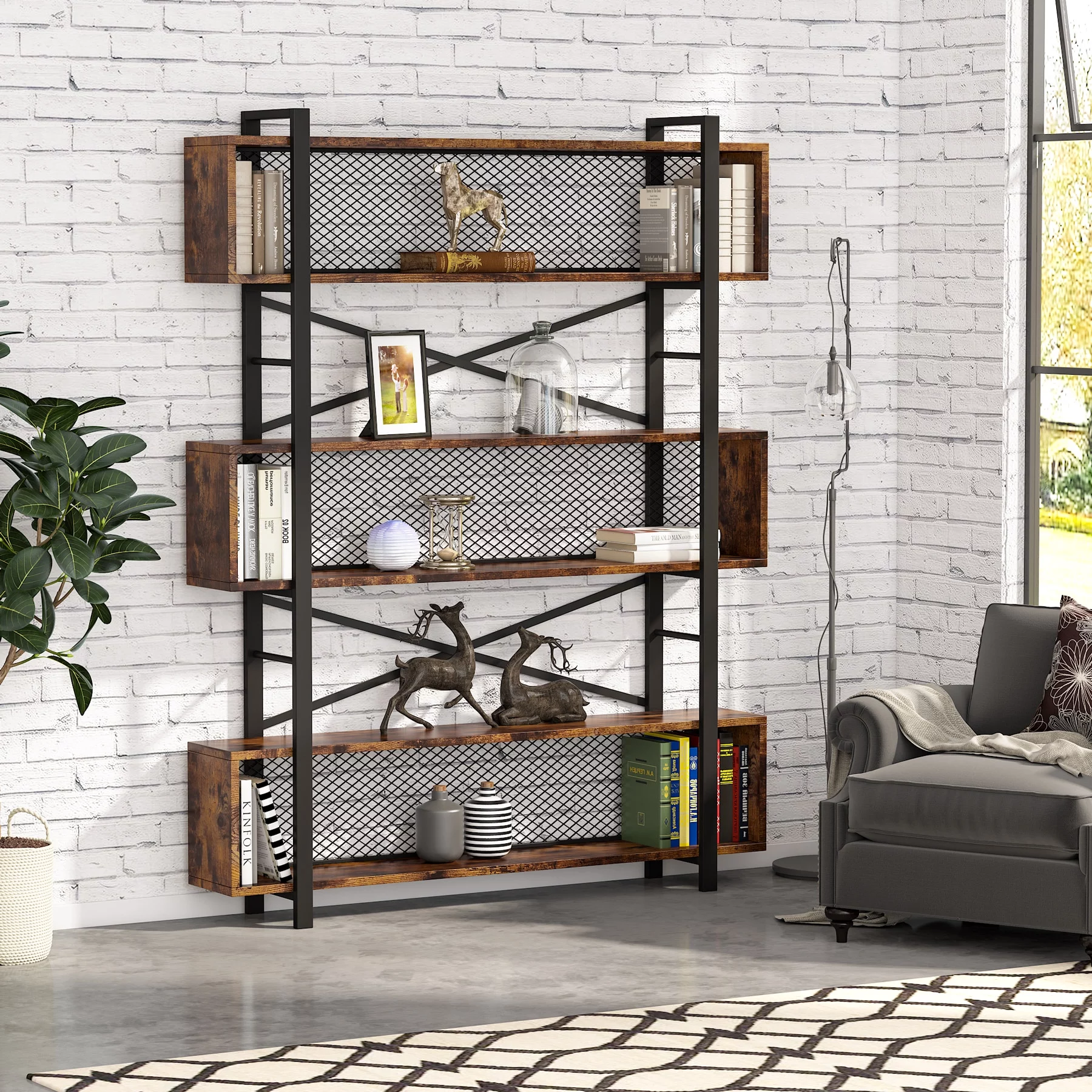 Tribesigns 5-Shelf Bookshelf with Metal Wire, Vintage Industrial Bookcase Display Shelf Storage Organizer with Metal Frame for Home Office, 47.2 L x 9.4 D x 71 H (Retro Brown)