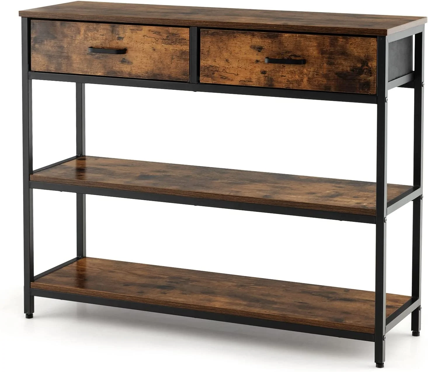 CHFBC 3-Tier Entryway Table with  - Sofa  with 2 Large Drawers  2 Open  Shelves  Anti-toppling Device  Console Table with Metal Frame for Hallway  Living Room  Rustic Brown