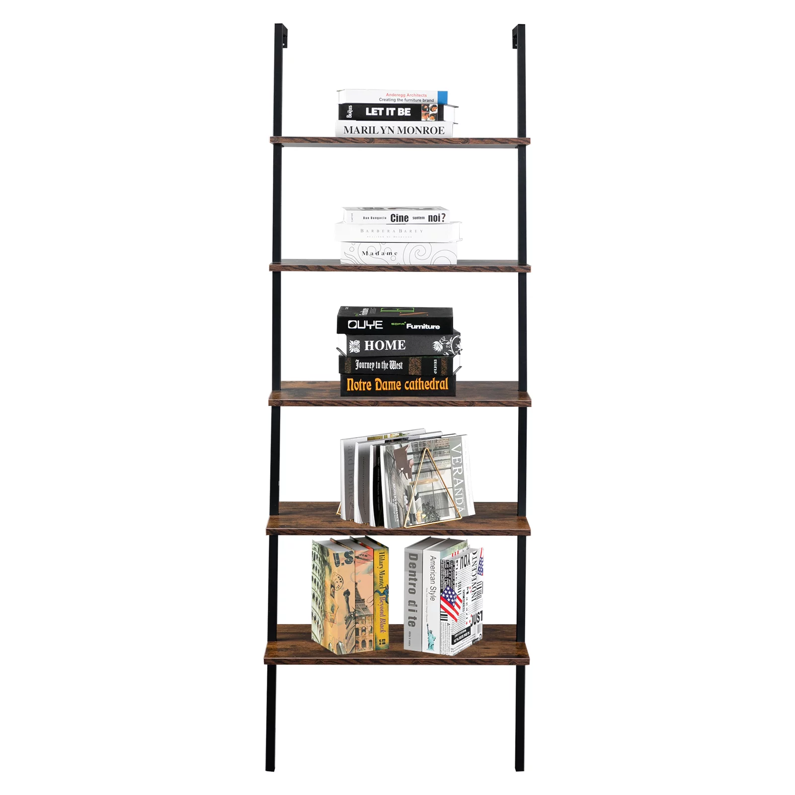 DFITO Industrial Wall Mounted Bookcase 5-Tier Open Ladder Shelf Bookshelf with Metal Frame, 23.6
