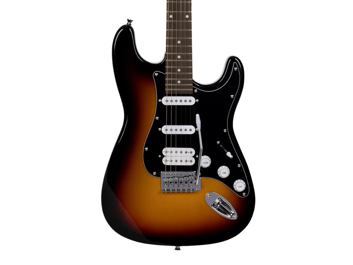 Monoprice Cali Classic HSS Electric Guitar with Gig Bag - Sunburst Body, Black Pickguard, Rosewood Fingerboard - Indio Series