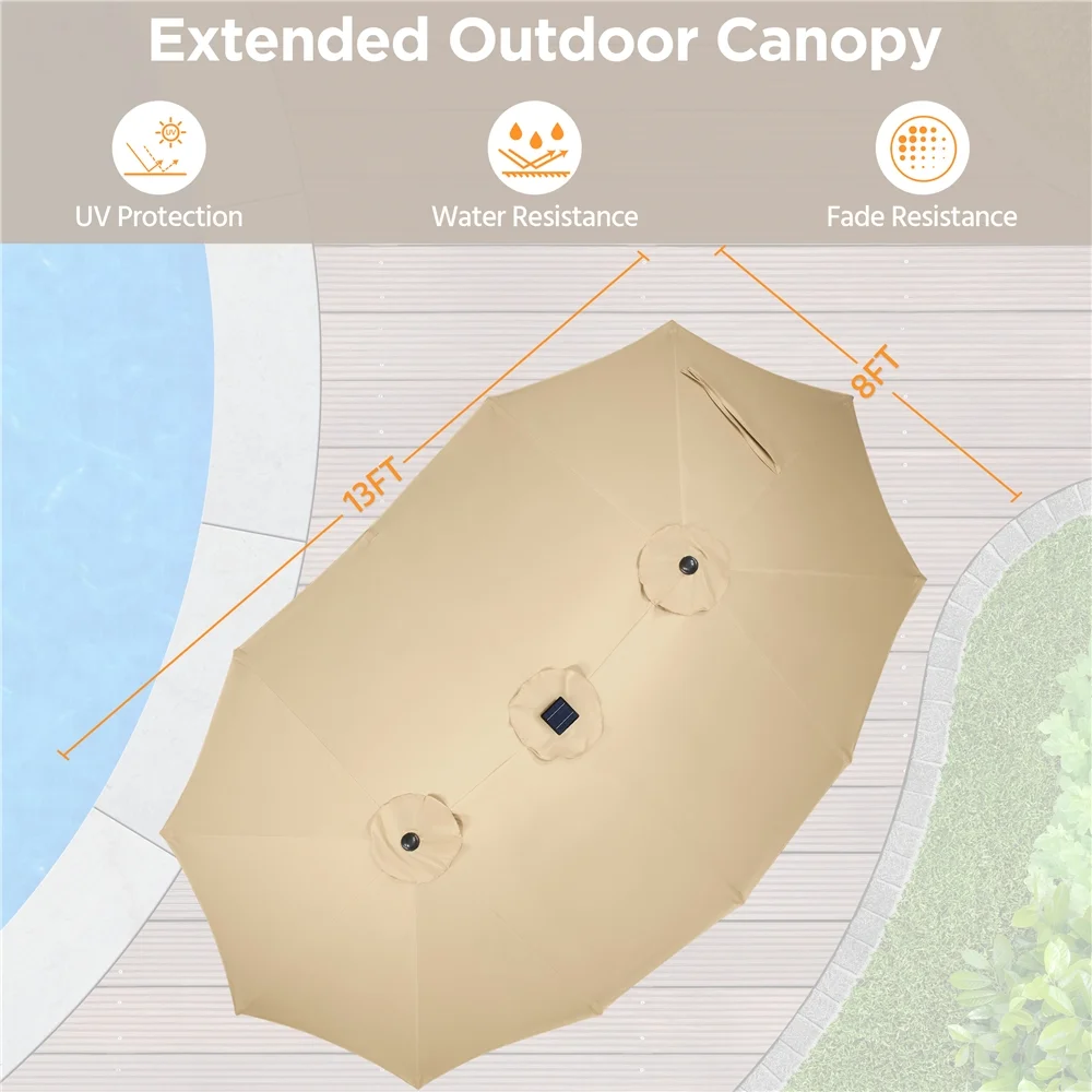 Topeakmart 13ft Patio Parasol Umbrella with Solar Lights, Tan