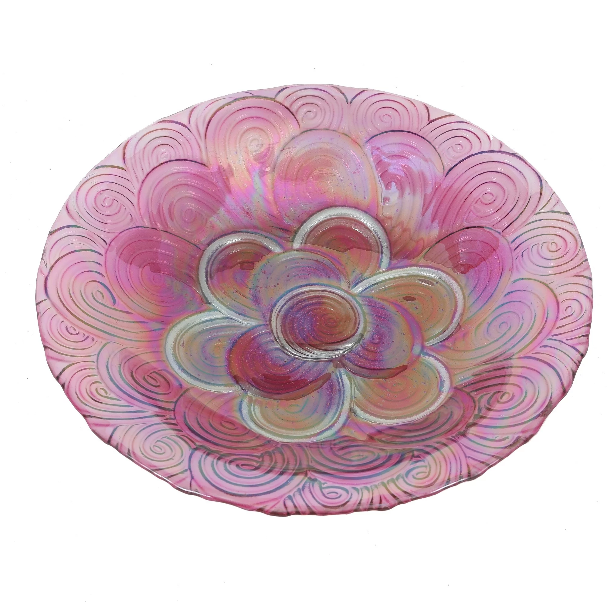 Luxen Home Pink Swirl Flower Glass Bird Bath with Metal Stand