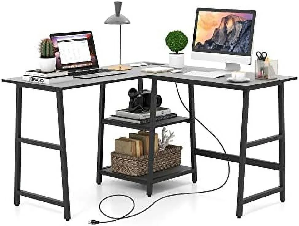 CGFHYP 48\u201D L Shaped Computer Desk  Corner Study Writing Desk with Outlets & USB Ports  Home Office Desk Computer Workstation with 2-Tier   Executive Desk (Black)