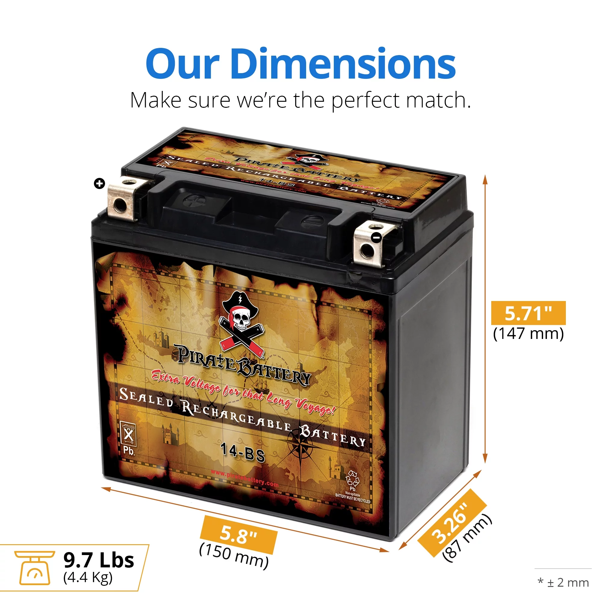 Pirate Battery YTX14-BS (14-BS 12 Volt,12 Ah, 200 CCA) Motorcycle Battery for Buell 1200cc S1 Lightning 1996