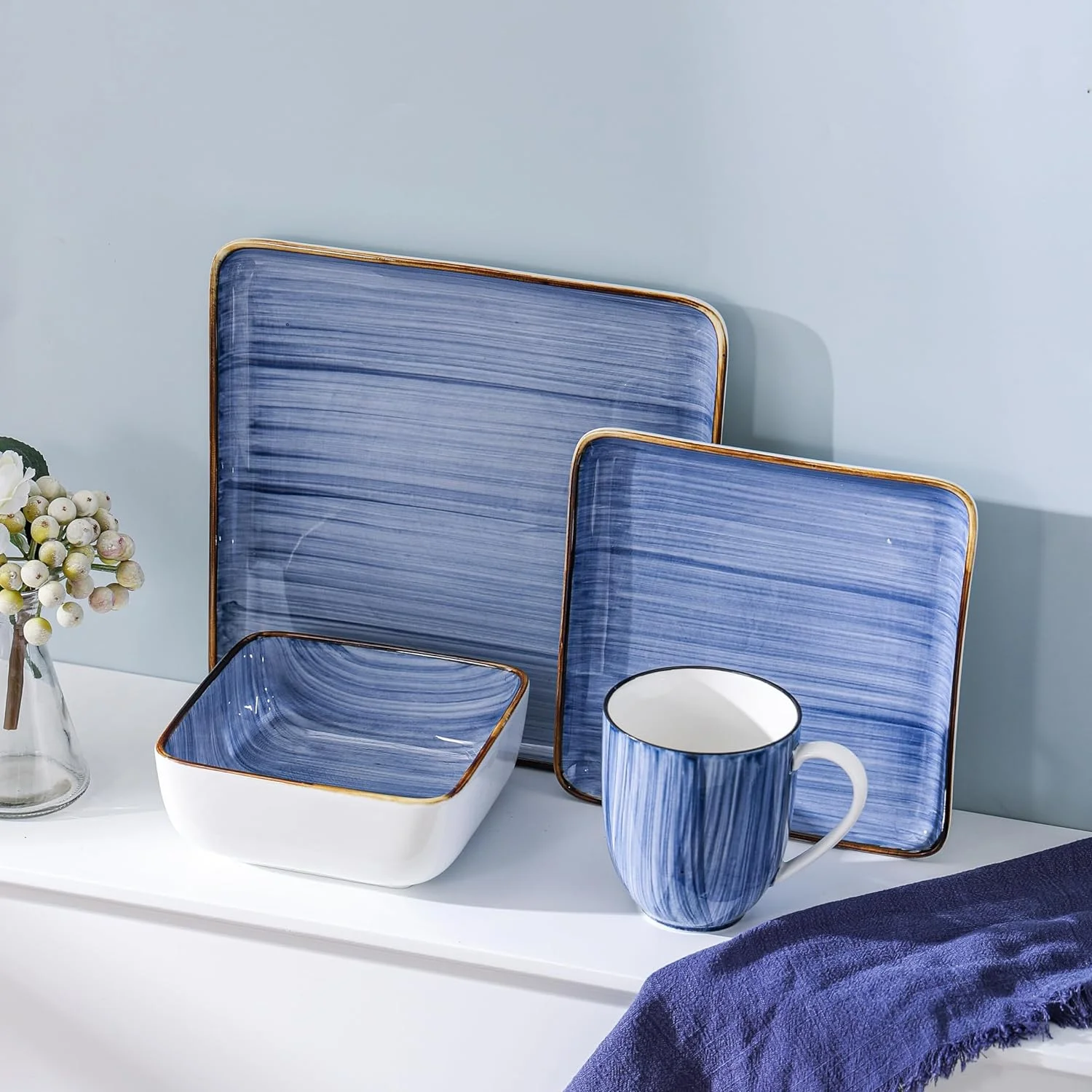 MINGFENG Brushed Square Porcelain Dinnerware Set, Service for 4-16 Pieces, Blue
