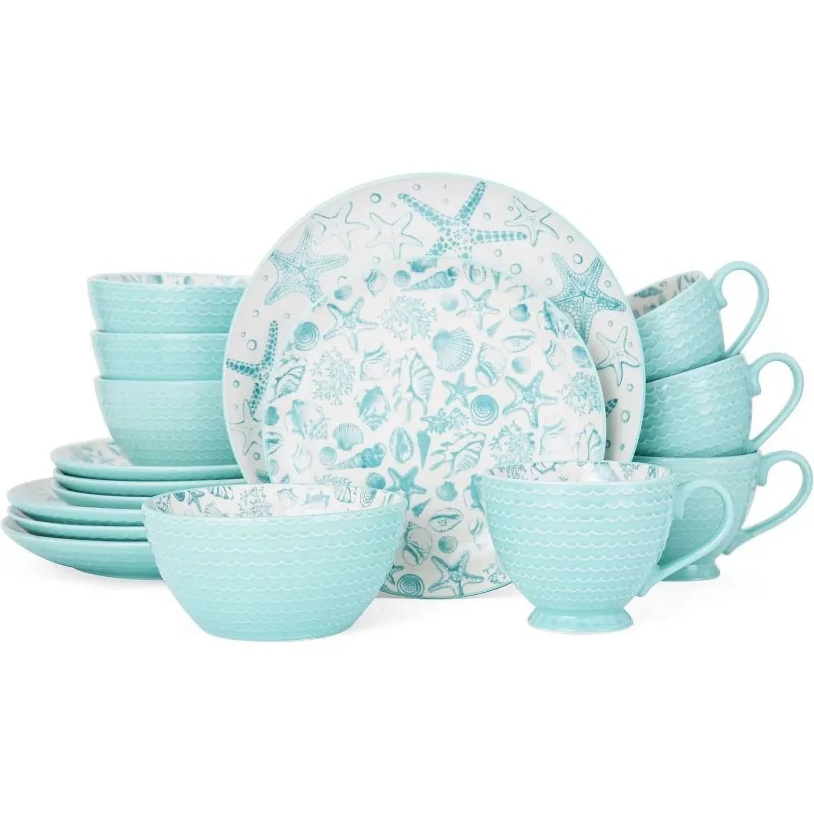 Ocean Breeze: Complete 16-Piece Stoneware Dinnerware Set in Aqua/White