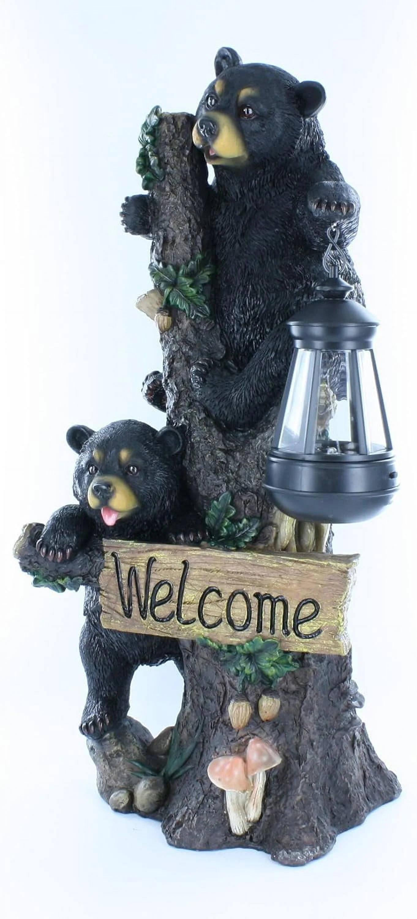 Large Black Bears Welcome Sign / Statue With Solar LED Lantern - Bear Cub Decor