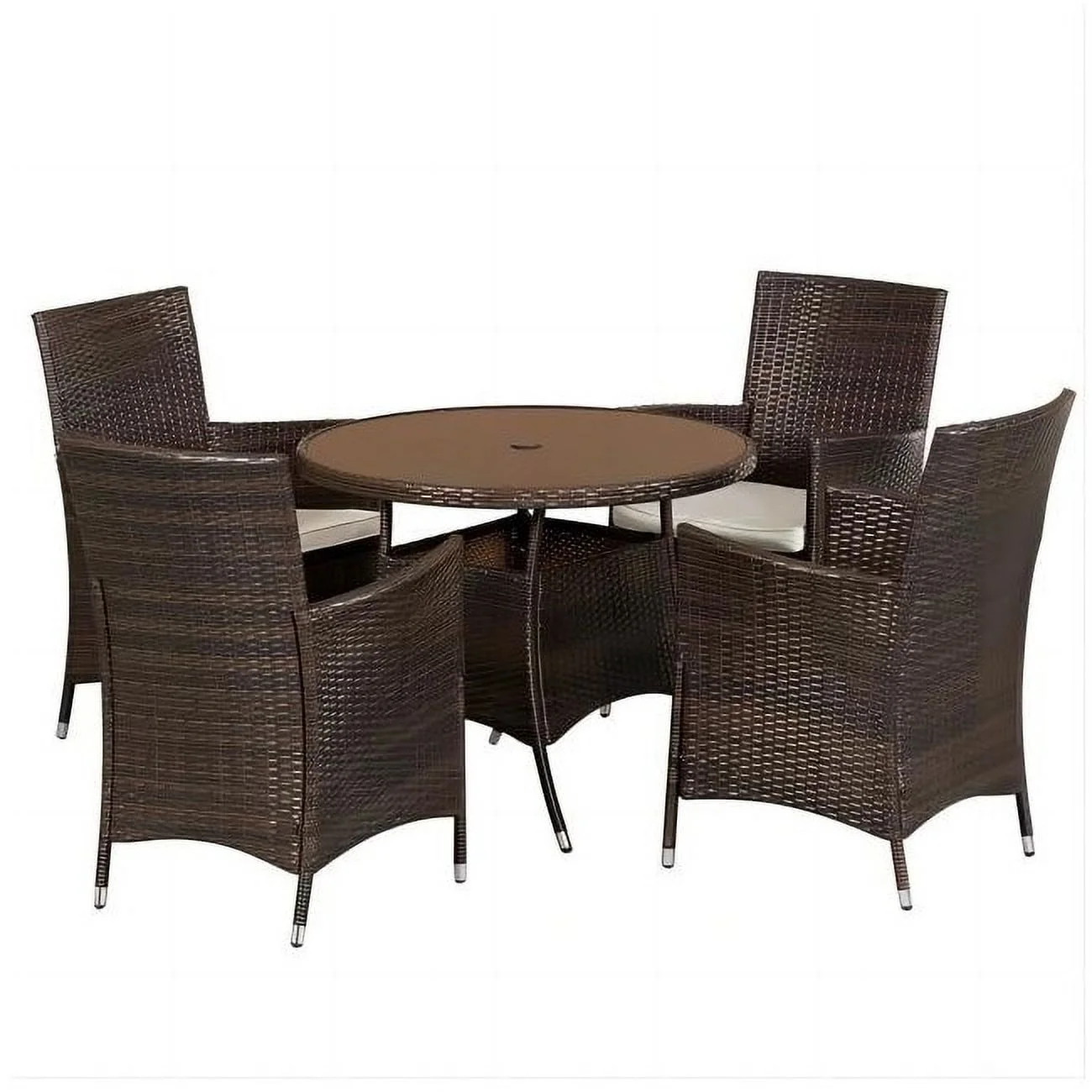 Suncrown Outdoor 5-piece Wicker Round Patio Dining Table and Chairs with Cushions and Umbrella Hole