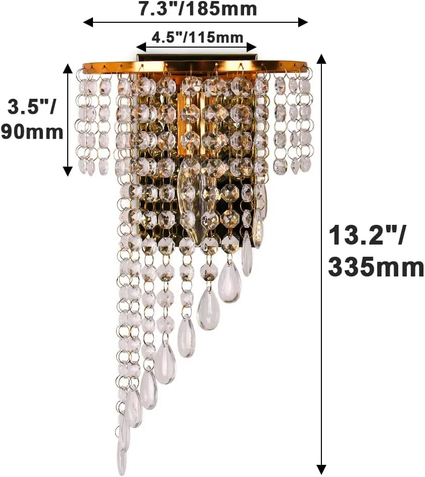 FRIXCHUR Modern Crystal Raindrop Wall Lights 2 Pack Led Wall Light Sconce Fixture Crystal(Gold)