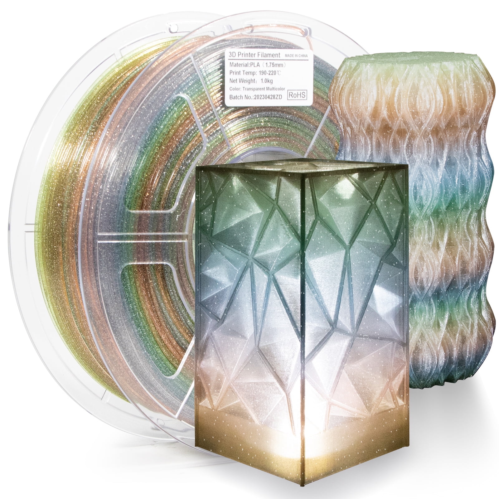 iSANMATE PLA Filament 1.75mm, 3D Printer Filament Transparent Rainbow Filament with Silver Glitter, Dimensional Accuracy +/- 0.03 mm, 3D Printing Filament, 1KG/Spool