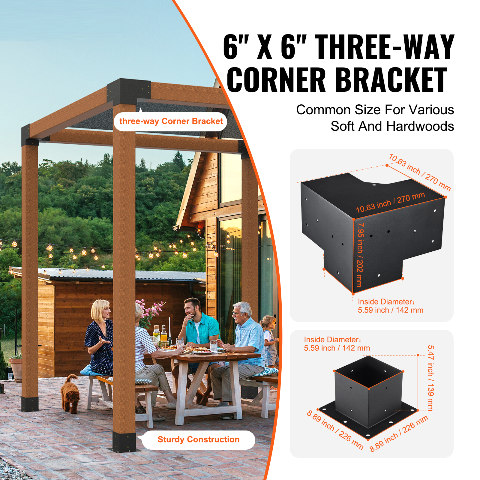 SKYSHALO 6''x6'' Pergola Bracket Kit 3-Way Woodworks DIY Post for Gazebos 8 pcs