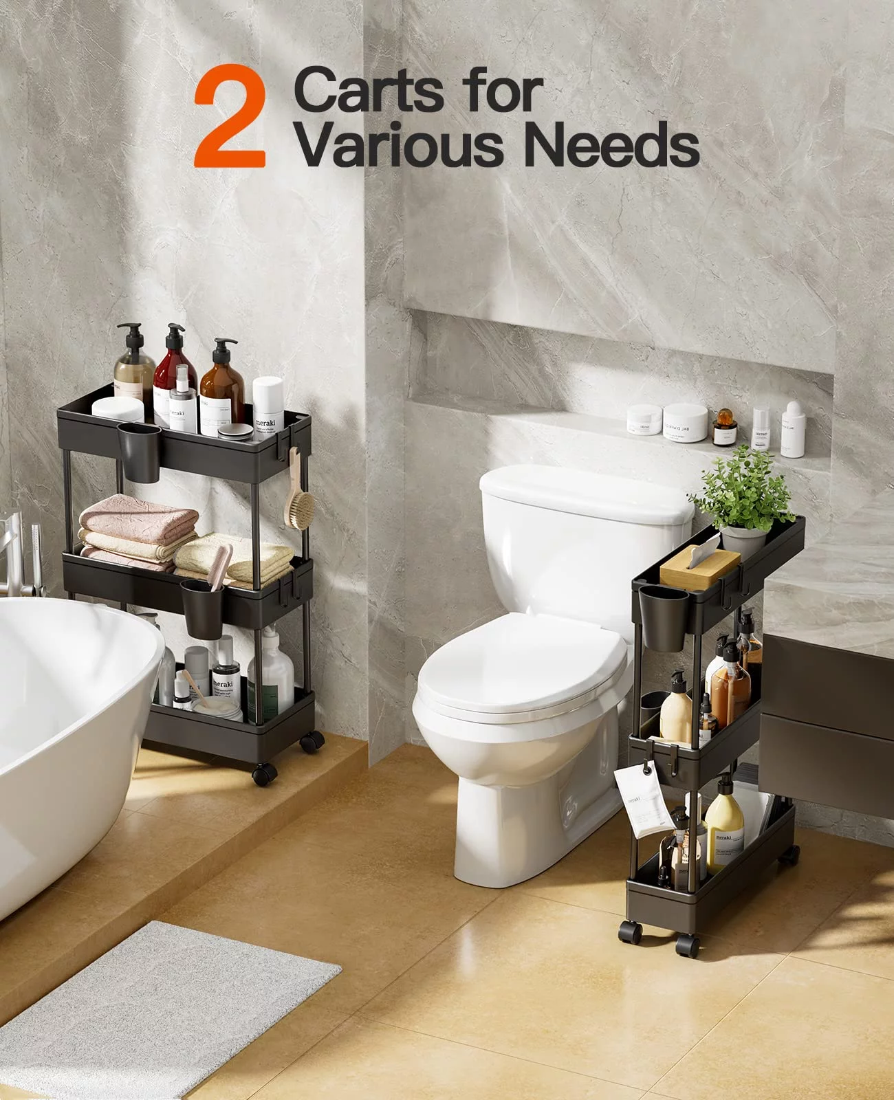 2 Pack 3 Tier Removable Slim Storage Rolling Cart Bathroom Organizer with Hanging Cups & Hooks for Home Bathroom, Kitchen（Black）